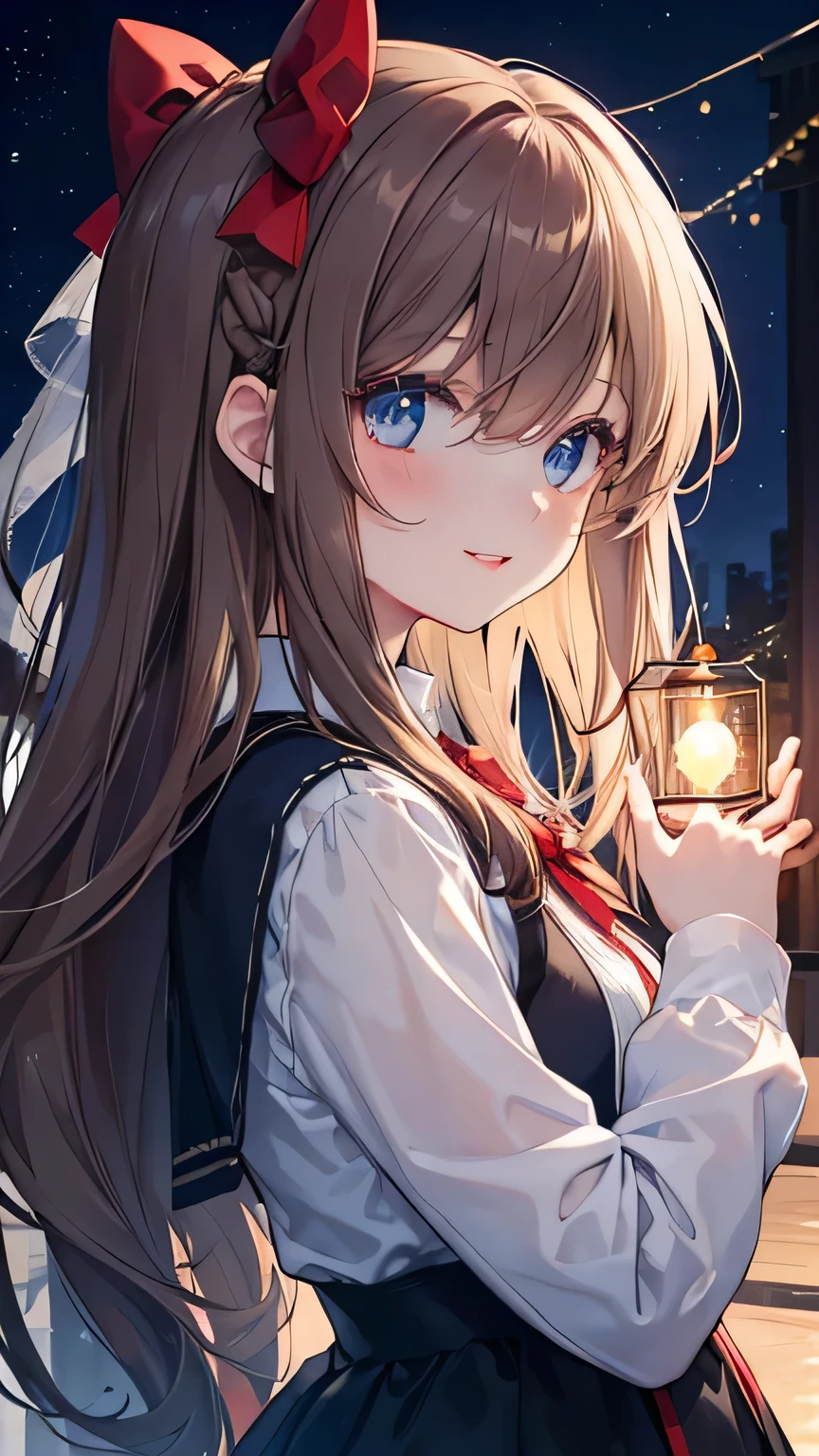 (Extremely refined: 1.2), 1 Girl, Bangs, blue eyes, Vague, Vague background, bow, Brown hair, Residence, side view, Hair between the eyes, hair bow, lantern, Light Particles, Long sleeve, Looking at the audience, Medium Length Hair, night, red bow, Solitary, Star(Symbolism), Upper Body, Smile, Red lips