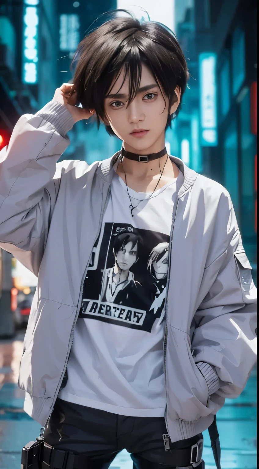 Eren jaegar, Attack on titan, black hair, grey eyes, friendly face, white clothes, cyberpunk light effect,  aestetic night background, detailed face, detailed hair, detailed hand, ultra-realistic, ultra-detailed, bestquality, masterpiece.