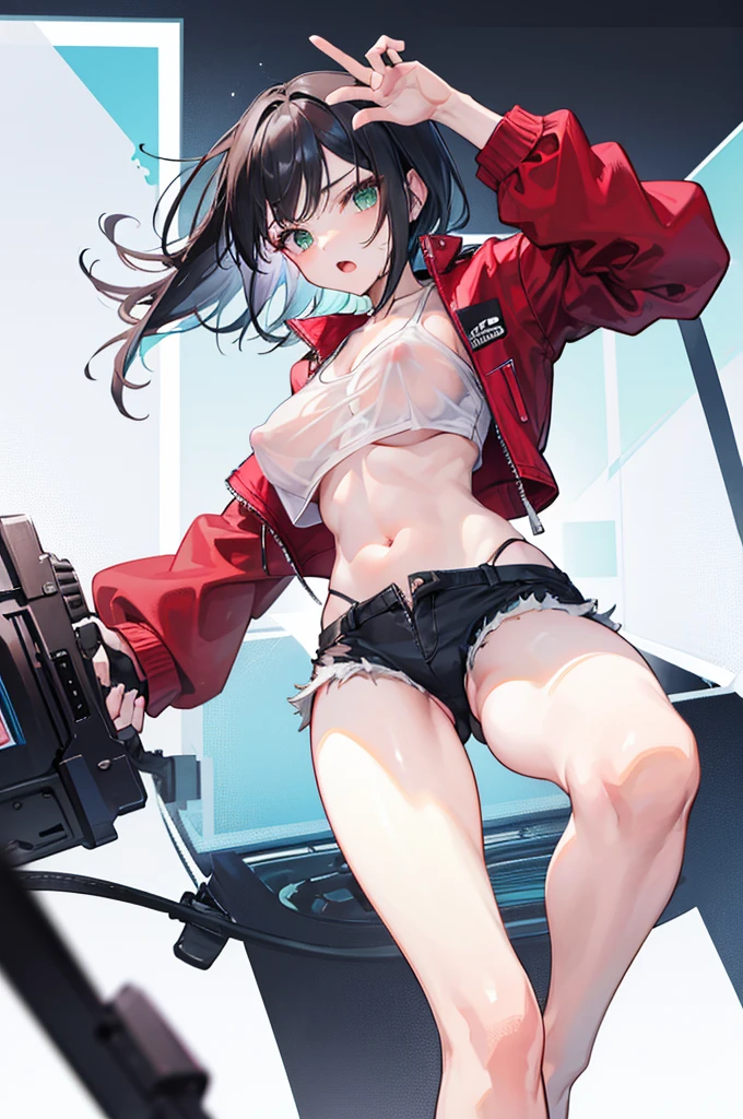 1girl, short black hair, tousled hair, messy hair, green eyes, red jacket, red and black jacket, white top, white tank top, white transparent top, sheer fabric, thin fabric, sheer top, transparent top, white transparent top, loose white top, downblouse, down blouse, no bra, pink nipples, hard nipples, erect nipples, poking nipples, belly, midriff, tomboy, boyish, masculine, androgynous, badass, sideboobs, sidebreast, sideboob, underboobs, armpit, armpits, ribcage, city, city background, black denim shorts, ripped shorts, unbuttoned shorts, unzipped pants, low-rise, looking at viewer, full body, raised arms, raised arm, tying hair, open mouth, short shorts, mound of venus, pubic mound, vagina, cameltoe, hot pants, cyberpunk, cyberpunk city, short shorts, mound of venus, pubic mound, vagina, cameltoe, unbuttoned shorts, unzipped pants, low-rise, white top, white tank top, white transparent top, sheer fabric, thin fabric, sheer top, transparent top, white transparent top, loose white top, downblouse, down blouse, no bra, pink nipples, pulled down shorts, lowrise, low-rise jeans, bottomless, no panties, nopan, open vagina, going commando, open crotch, ripped shorts, mini shorts, micro shorts, visible crotch, visible vagina, smooth vagina, clitoris, labia, lactating