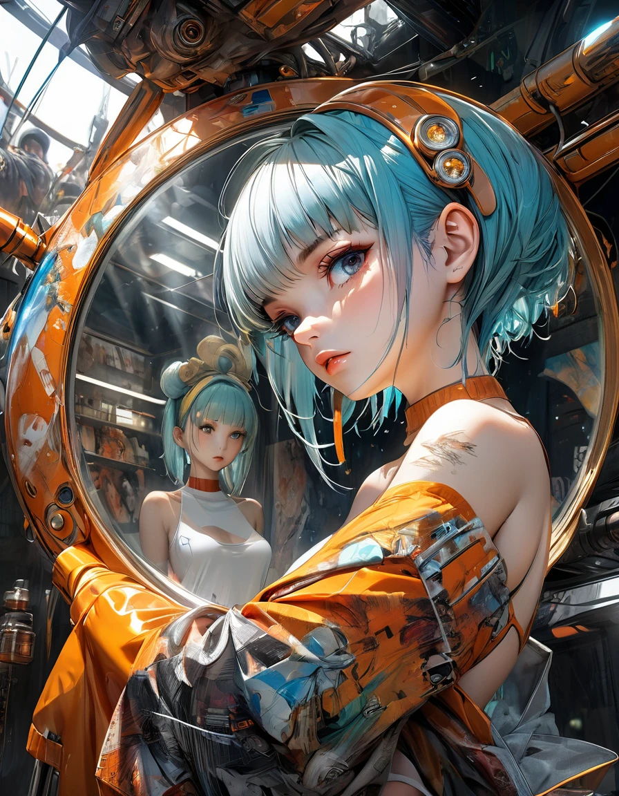 atmosphere oleosa sombria Artwork By Jesper Ejsing Looking into the mirror of truth Detailed cyber punk girl sexy DBZ Bulma Naruto fênix Carne Griffiths Michael Garmash, seb McKinnon, masterpiece", clackngold Orange latex art, in 4D lighting, 8k concept art; ; trending on artstation; deep color; ink drawing; In Futuristic Ultra Detailed , fear Background, Highly Detailed, in buraco negro Scale Like Skin, Daz 3d, Unity, Unreal Engine 5