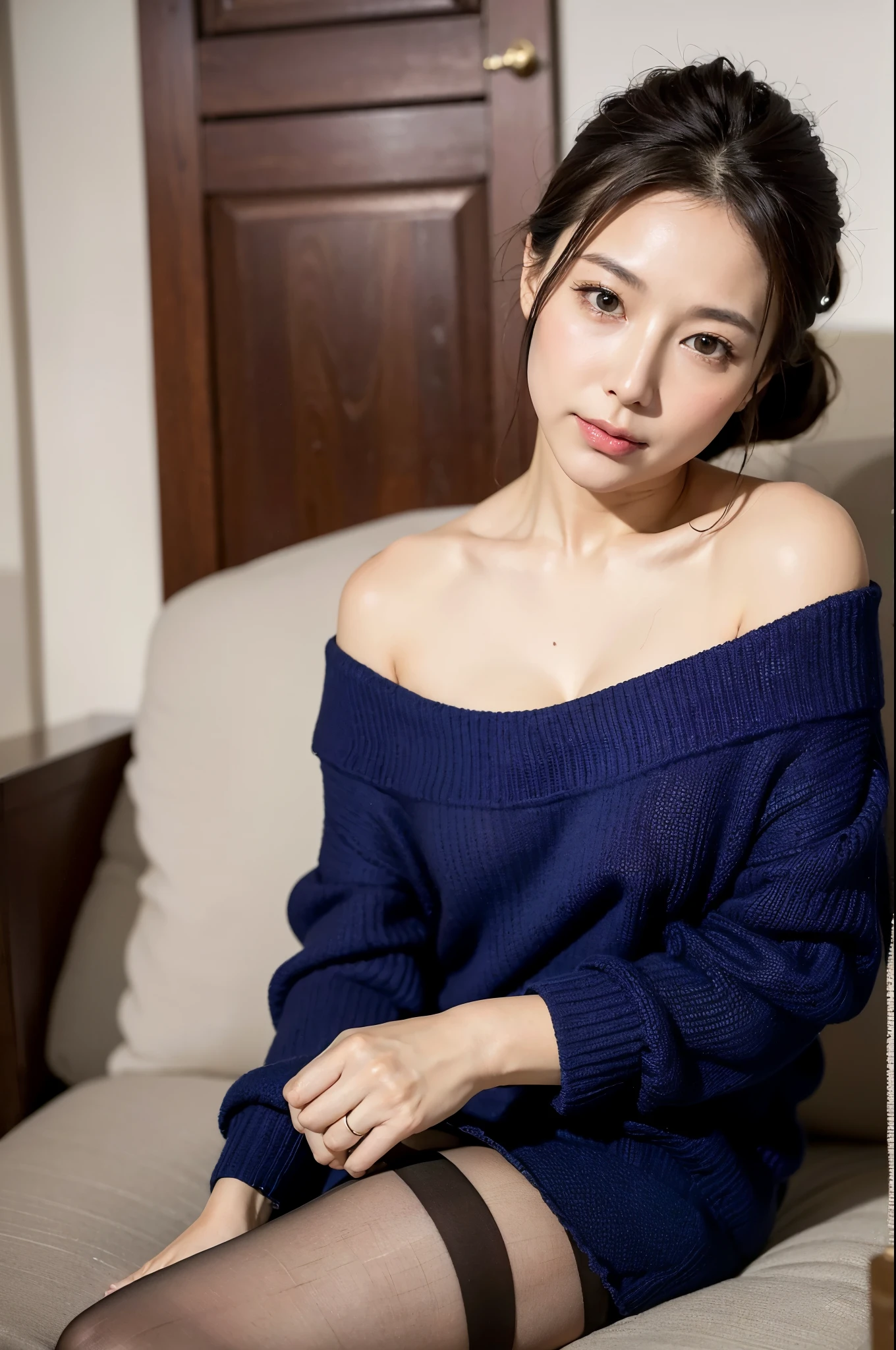 (Highest quality、8k、masterpiece:1.3)、elegant, Dignified beautiful mature woman、44 years old、Wear a loose-fitting sweater、Shoulder out、clavicle、Wear small panties、Ultra-realistic pantyhose:1.3, Pantyhose and panties are visible, Sitting、Realistic skin texture、Shiny skin、Bare thighs!!!