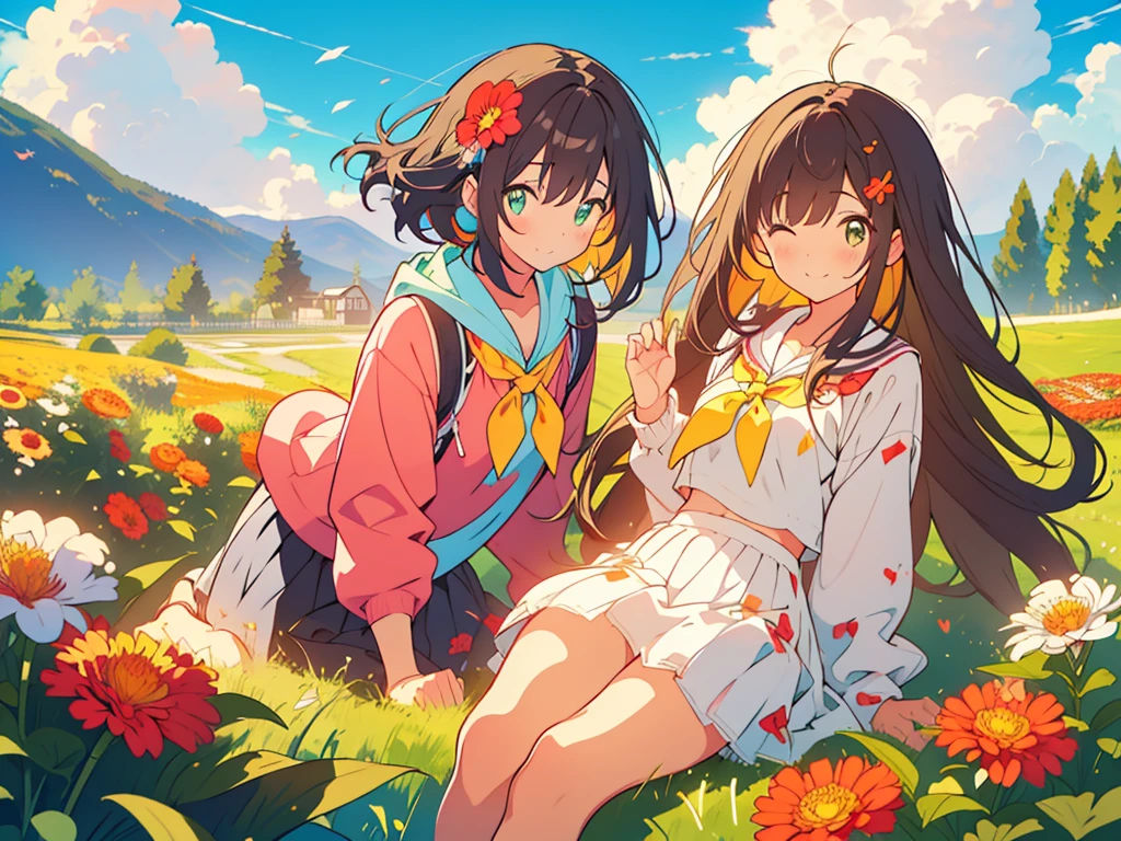 kawaii, anime, Cute, hyper quality, highly detailed, 8k, Clarity, Draw facial expressions in detail, A girl with long dark brown hair winks, Zinnia, colorful zinnia flower field, highlight on eyes, Moe sleeves, smile, clear sky, The wind passes through, Flowers waving in the wind, Colorful zinnia petals dance in the sky, wave one hand, Sit with one leg extended and your knees raised, A pile of books on my back, reading in the meadow, red zinnia, yellow zinnia, white zinnia, pink zinnia, wearing a short-sleeved hoodie, skirt, Books scattered around, sit, The expression is a wink, A cluster of colorful zinnias grows, The flowers are wet with morning dew and shine, A bird flaps its wings in the sky, Thank you for waving, The color of the open eyes is green, upward glance, wave one's hands, wave hands, Zinnia bookmark, Pressed zinnia flower bookmark, holding a book, green eyes, clouds running, parabola in the sky, shortcake hairpin, close one eye, Draw only one person,