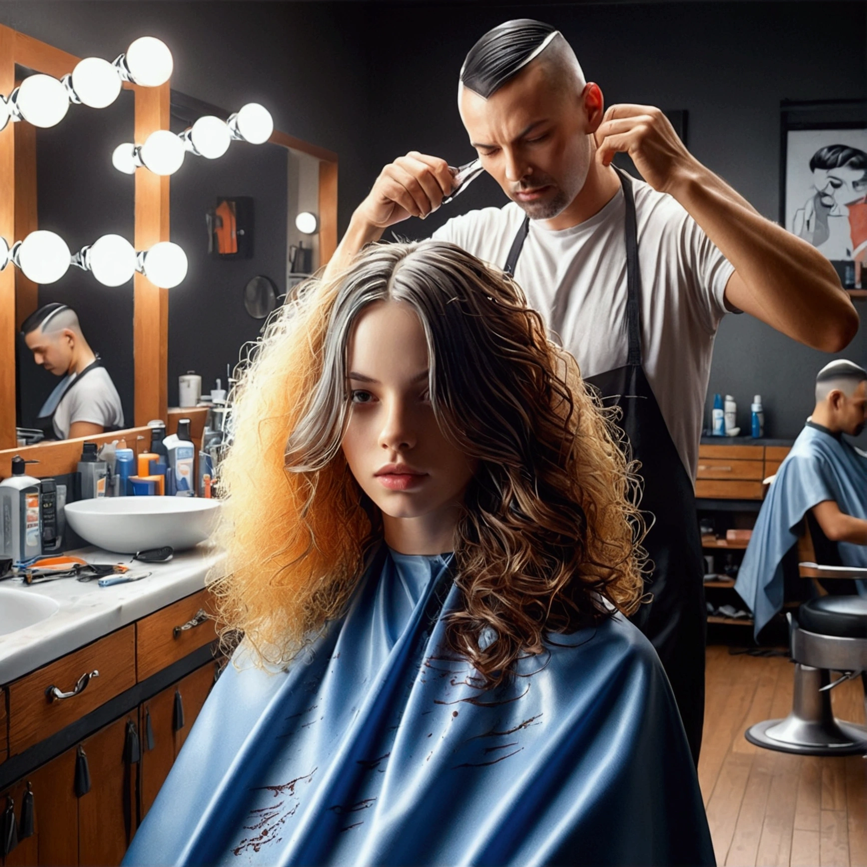 "A girl stands at the barbershop with half her head shaved in a highly detailed scene, realism value 1.3. The hair falls messy on the clothes, enhancing the detail 1.9. The barber is in action at a detail level of 1.2, while the remaining hair is long and voluminous with a detail of 1.2. The salon environment is enriched by the presence of wet hair with a detail of 1.2 to add realism. Accurate lighting and reflected environments to emphasize the atmosphere of the salon. Close-up camera to capture shaving details and girl's expression."
