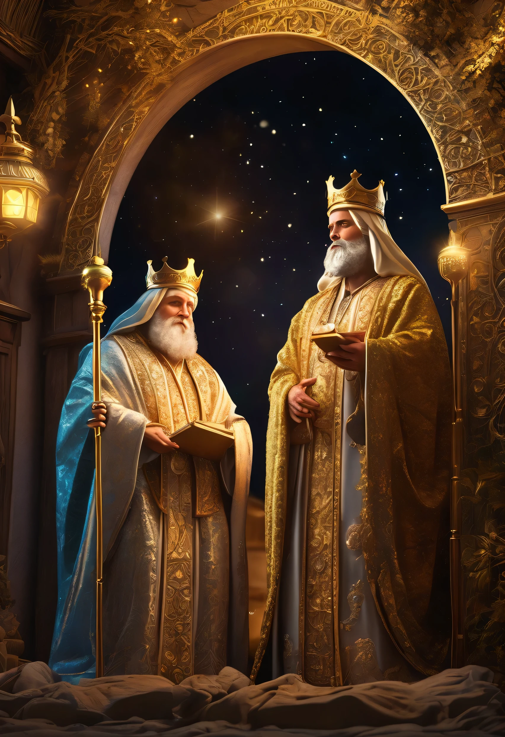 a highly detailed 3 wise men standing before the manger of jesus,extremely detailed 3 wise men with beautiful robes and crowns,extremely detailed nativity scene,detailed religious iconography,intricate ornate architecture,glowing warm light,glowing stars in the night sky,ornate golden details,rich colors,dramatic lighting,photorealistic,award winning digital art