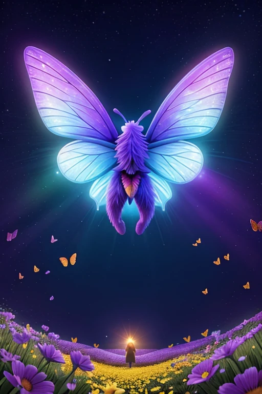 "A field of flowers with butterflies that have wings that glow under ultraviolet light, creating a spectacle of colors in the air.."