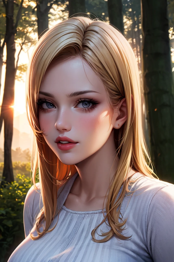 Close-up portrait, y SS blonde, parted lips, lips, Casual Dresses, View your viewers, Forest Background, Sunset Light, Realistic