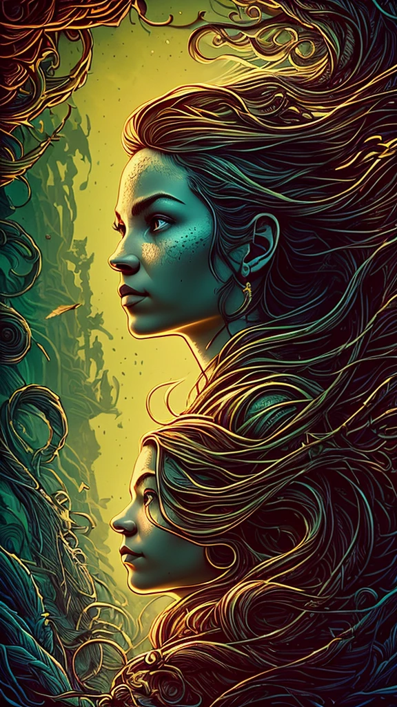 (better lighting, better shadow, artwork, high quality), in profile, (((face close-up))), ((beautiful face of 18 year old girl looking at the floating horizon), (dreadlock hair flowing :1.1 ), professional polaroid photography, dark dense forest, waterfall, sunset, sharp symmetrical artistic art, dan mumford style, HDR, realism, 8K, dark fantasy atmosphere, lovecraft style, (JimJorCrafLogo art style:1.3), ( close view)