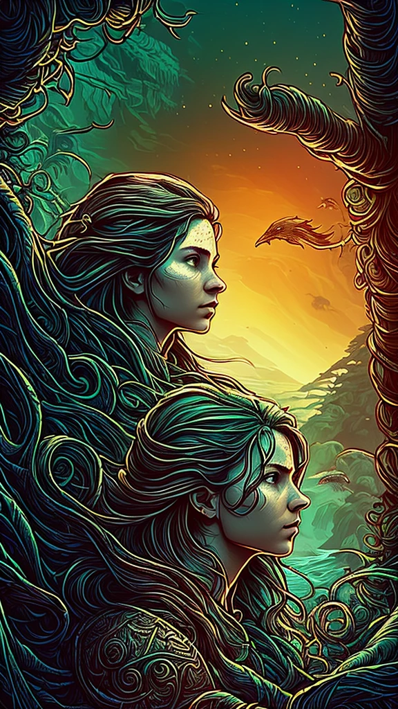 (better lighting, better shadow, artwork, high quality), in profile, (((face close-up))), ((beautiful face of 18 year old girl looking at the floating horizon), (dreadlock hair flowing :1.1 ), professional polaroid photography, dark dense forest, waterfall, sunset, sharp symmetrical artistic art, dan mumford style, HDR, realism, 8K, dark fantasy atmosphere, lovecraft style, (JimJorCrafLogo art style:1.3), ( close view)