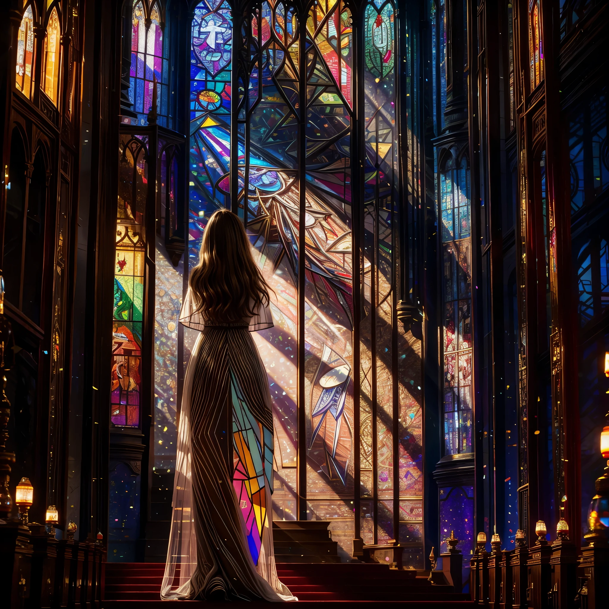 Red carpet (Cathedral from below:1.28) VolumetricLighting (FullBody ZoomedOut:1.28 Wide-shot) ZoomLayer (BokeH:1.32), TopQuality 8K masterpiece of ((Professional photo)), (((Clarisse de Cagliostro))) (Detailed Delicate White Dresses), Chain, Extremely detailed (KAWAII face) {(VeiledFace)|BlondeHair|(Spanking BuleEyes)}, The background is distant (((Elaborate stained glass))) Rainbow Glass, (MysticSight) {(GodRays)|Haze|TyndallEffect}, Radiant PearlSkin with Transparency, (Exposed:0.38)