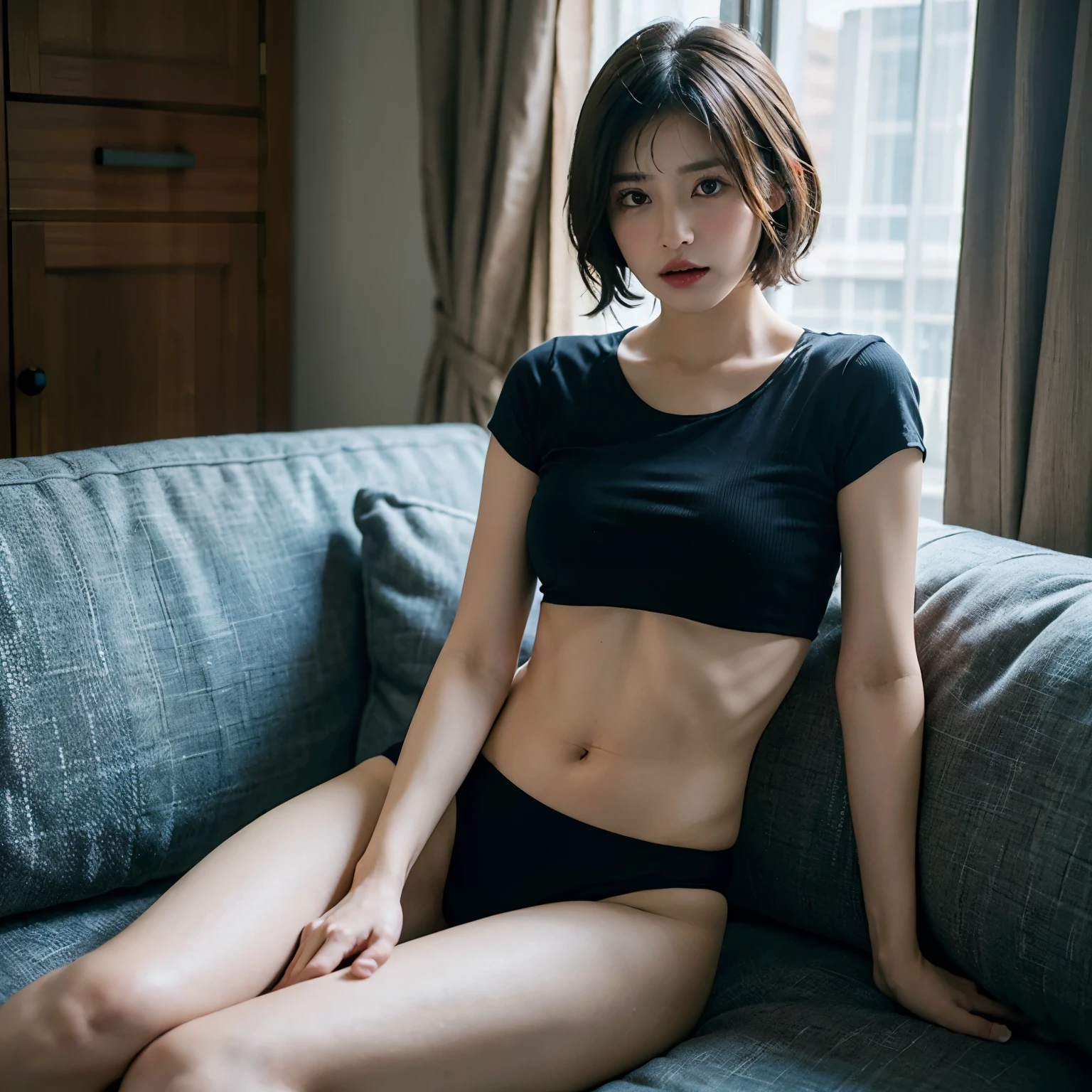 ((best quality, 8k, masterpiece :1.3)), 1 woman, lying on the sofa, black short hair, underwear, Angry expression