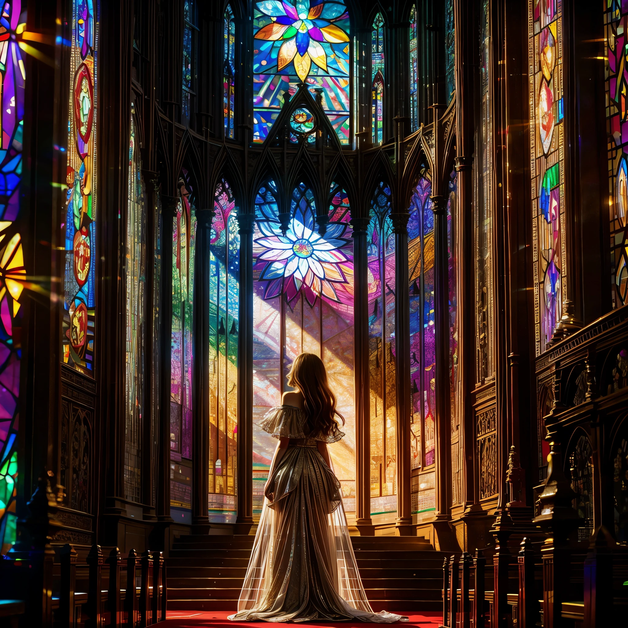 Red carpet (Cathedral from below:1.28) VolumetricLighting (FullBody ZoomedOut:1.28 Wide-shot) ZoomLayer (BokeH:1.32), TopQuality 8K masterpiece of ((Professional photo)), (((Clarisse de Cagliostro))) (Detailed Delicate White Dresses), Chain, Extremely detailed (KAWAII face) {(VeiledFace)|BlondeHair|(Spanking BuleEyes)}, The background is distant (((Elaborate stained glass))) Rainbow Glass, (MysticSight) {(GodRays)|Haze|TyndallEffect}, Radiant PearlSkin with Transparency, (Exposed:0.38)