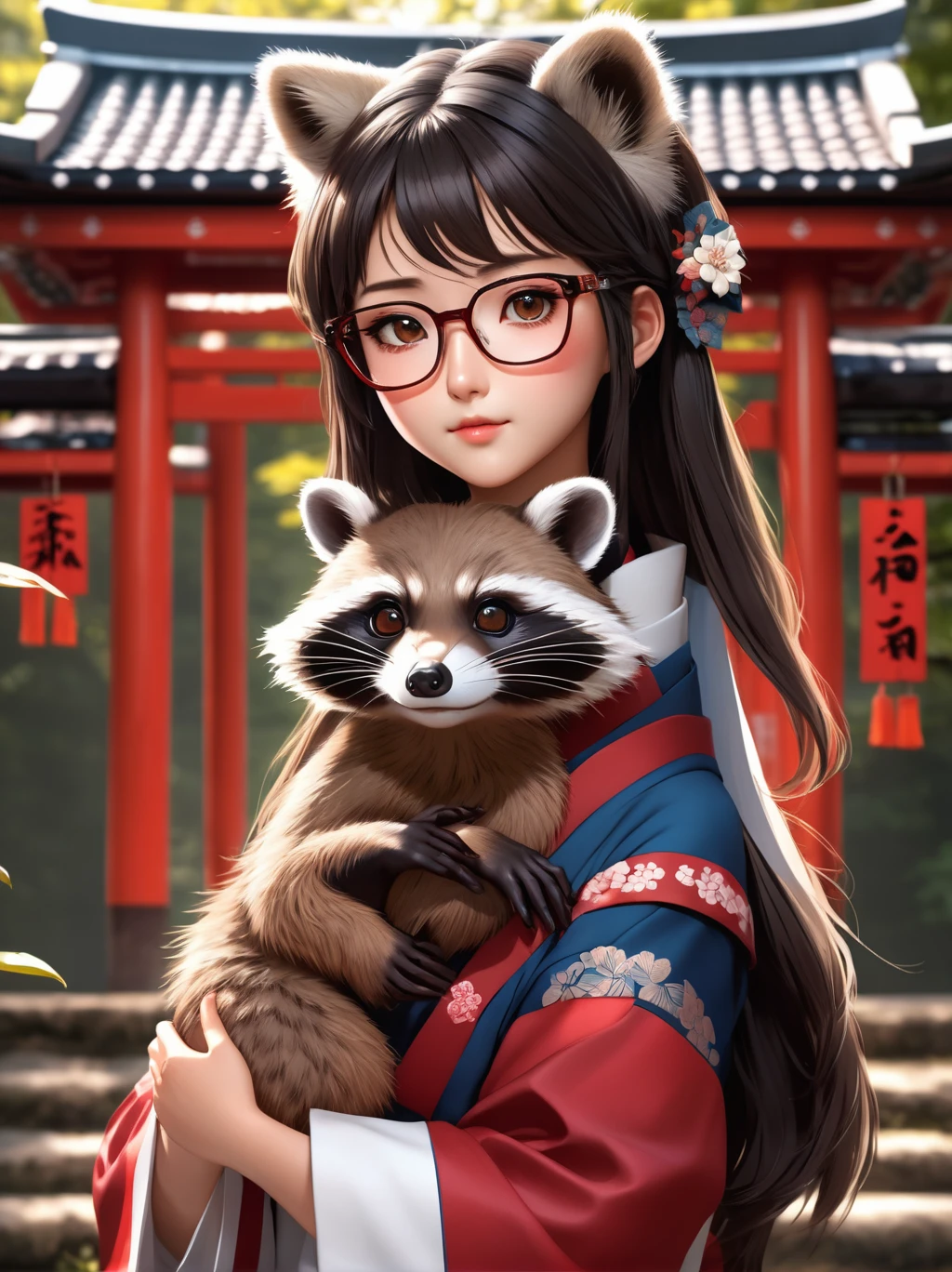 Highest quality,masterpiece,High resolution,One girl, Calm colors, High Contrast, (Natural skin texture, Hyperrealism, Soft Light, sharp),A beastman with the characteristics of a raccoon dog,Bushy hair,Cute animal characters,The appearance of a Japanese shrine maiden,Wear glasses,Holding a raccoon