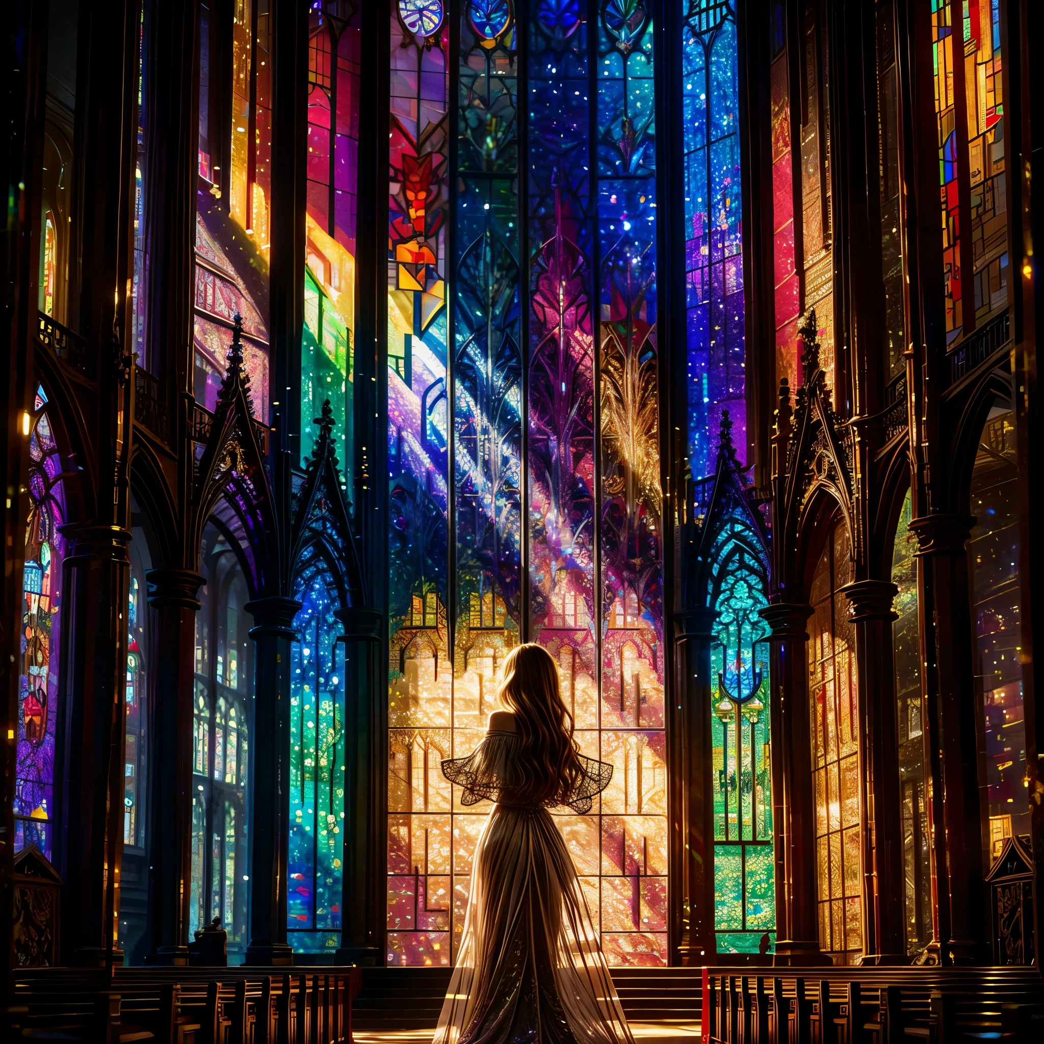 Red carpet (Cathedral from below:1.28) VolumetricLighting (FullBody ZoomedOut:1.28 Wide-shot) ZoomLayer (BokeH:1.32), TopQuality 8K masterpiece of ((Professional photo)), (((Clarisse de Cagliostro))) (Detailed Delicate White Dresses), Chain, Extremely detailed (KAWAII face) {(VeiledFace)|BlondeHair|(Spanking BuleEyes)}, The background is distant (((Elaborate stained glass))) Rainbow Glass, (MysticSight) {(GodRays)|Haze|TyndallEffect}, Radiant PearlSkin with Transparency, (Exposed:0.38)
