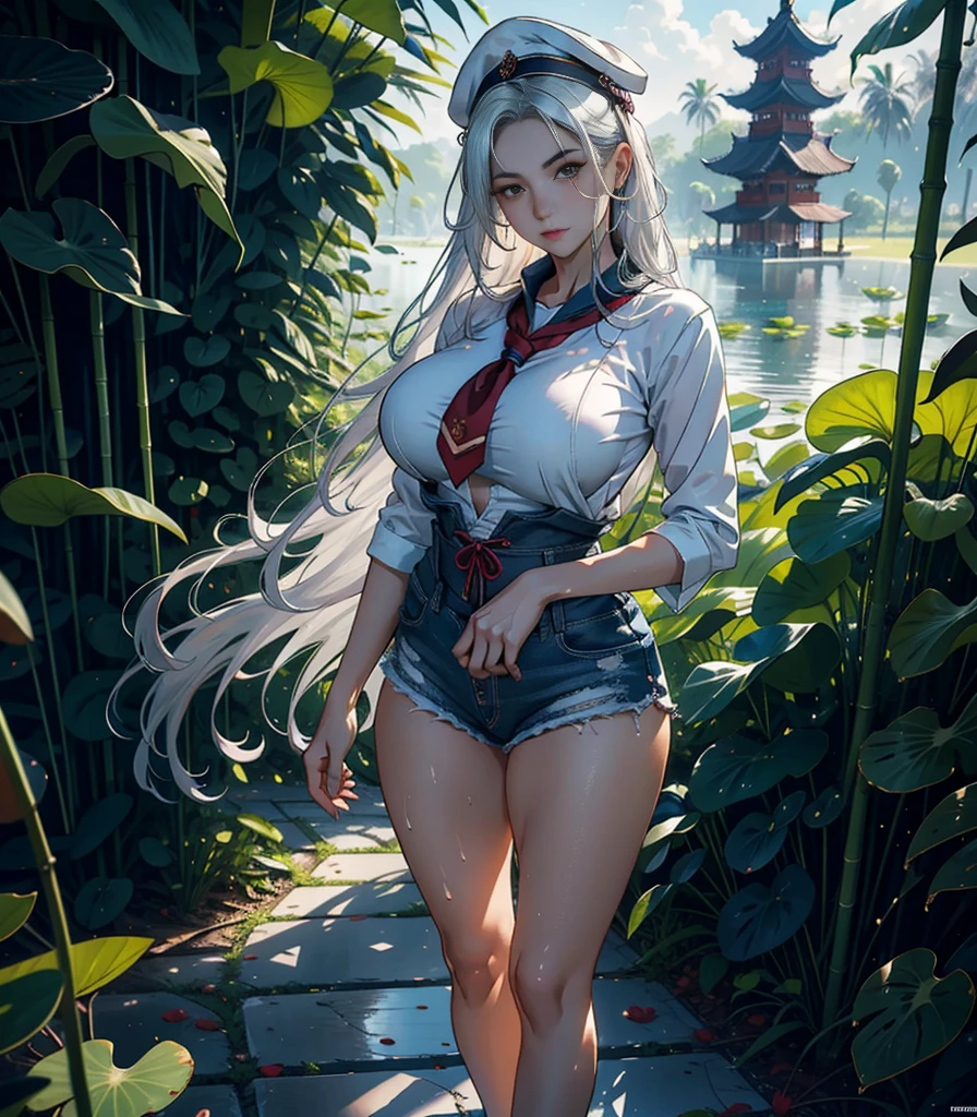 1female，35yo，Milf，long leges，Big breasts Thin waist，Slim，huge-breasted ，Pornographic exposure， solo，（Background with：bamboo forrest，lotuses，lotus flower，exteriors，Lotus Pond） She has short silver-white hair，standing on your feet，Sweat profusely，drenched all over the body，seen from the front， hair straight， mostly cloudy sky，（（（tmasterpiece），（Very detailed CG unity 8K wallpaper），best qualtiy，cinmatic lighting，detailed back ground，beatiful detailed eyes，Bright pupils，Black eyes，（Very fine and beautiful），（Beautiful and detailed eye description），ultra - detailed，tmasterpiece，）），facing at camera，A high resolution，ultra - detailed），revealing breasts，Bare genitals，  Bulge，legs are open，Raised sexy，Camel toes，Flushed complexion，Open-mouthed，frontage，high school senior，Sailor's cap（Wearing：Chinese Ancient Times，Sailor uniform，Slave girl collar，Sexy denim shorts，Athletic Sneakers）Full body photo，Show shoes