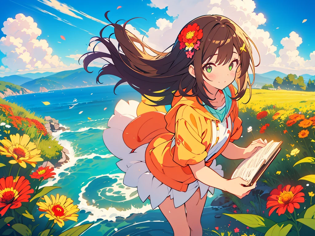 kawaii, anime, Cute, hyper quality, highly detailed, 8k, Clarity, Draw facial expressions in detail, A girl with long dark brown hair winks, Zinnia, colorful zinnia flower field, highlight on eyes, Moe sleeves, smile, clear sky, The wind passes through, Flowers waving in the wind, Colorful zinnia petals dance in the sky, wave one hand, Sit with one leg extended and your knees raised, A pile of books on my back, reading in the meadow, red zinnia, yellow zinnia, white zinnia, pink zinnia, wearing a short-sleeved hoodie, skirt, Books scattered around, sit, The expression is a wink, A cluster of colorful zinnias grows, The flowers are wet with morning dew and shine, A bird flaps its wings in the sky, Thank you for waving, The color of the open eyes is green, upward glance, wave one's hands, wave hands, Zinnia bookmark, Pressed zinnia flower bookmark, holding a book, green eyes, clouds running, parabola in the sky, shortcake hairpin, close one eye, Draw only one person,