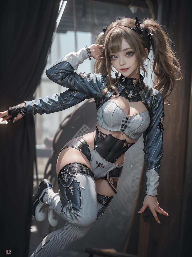 (Full Body View:1.2)、(Side view:1.1)、(Smiling with teeth showing:1.3),(Shibuya Gal:1.5)、(Gothic ta style fashion:1.5)、(Punk RockVisual Kei:1.5)、(Wearing a rhythmic gymnastics bodysuit with intricate details:1.4)、(Racing suit and pants with delicate decorations in white, denim and charcoal:1.5)、(Denim and light blue and white boots:1.3)、((belt))、(Numerous delicate logo marks all over the costume:1.4)、(collar:1.3)、(Striped underwear:1.5)、20-year-old、NSFW、((Highest quality、In 8K、masterpiece:1.3))、Sharp focus:1.2、(Layered Cut、Huge boobs:1.1),Beautiful woman with perfect figure:1.4、(Doing an aerobics pose:1.3)、Slender Abs:1.2、Highly detailed face and skin texture、Detailed eyes、double eyelid,(Twin tails:1.3)、(Brown-golden hair:1.3)、Gravure idol、(The background is a beautiful crystal underground palace:1.3)、(Slim Body:1.3),(Make your legs thinner:1.4),(Thin thighs:1.1)、(clavicle:1.1)