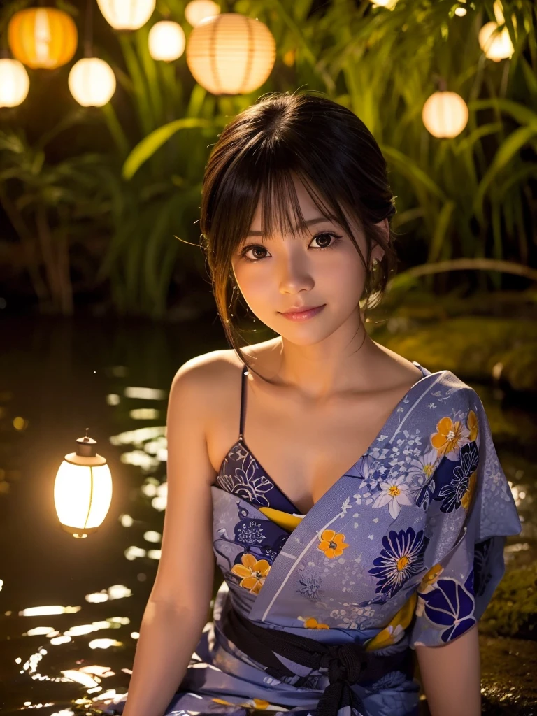 A beautiful woman watching fireflies by a stream at night,Nahida_Genshin Impact, Cross-shaped eyes yukata yukata