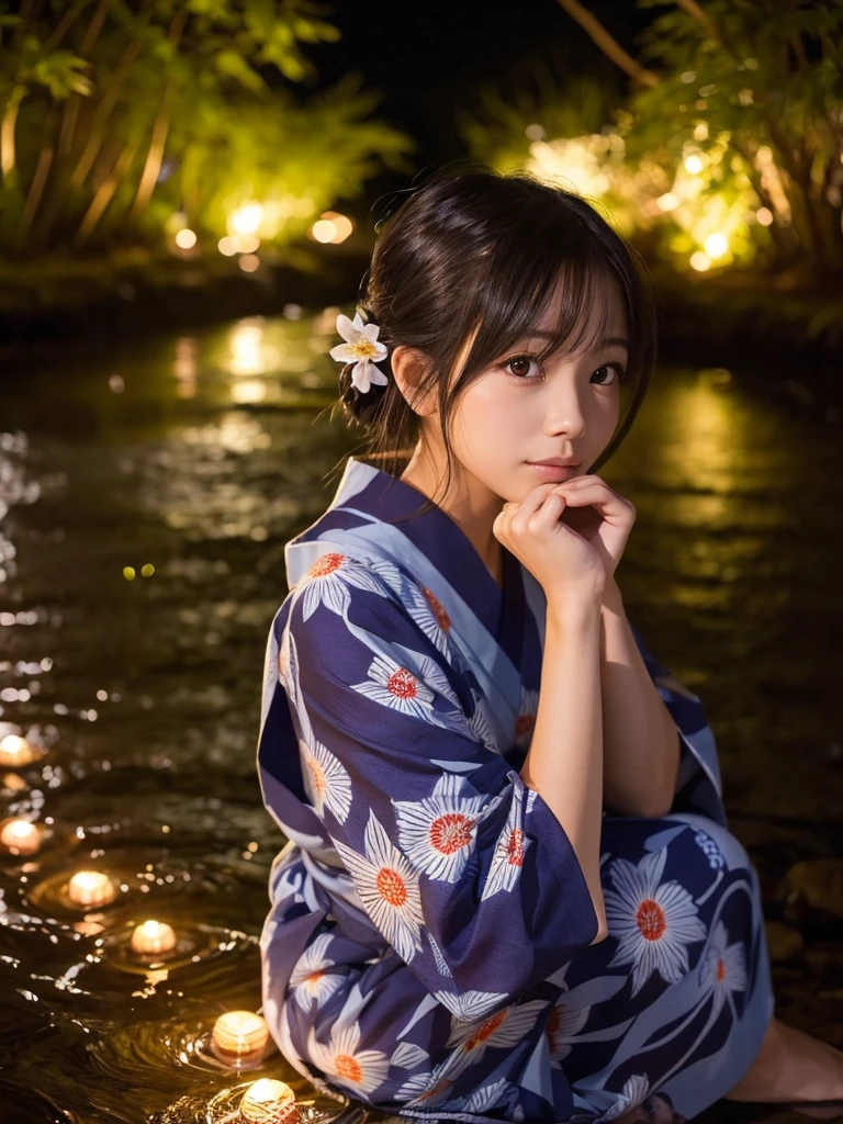 A beautiful woman watching fireflies by a stream at night,Nahida_Genshin Impact, Cross-shaped eyes yukata yukata