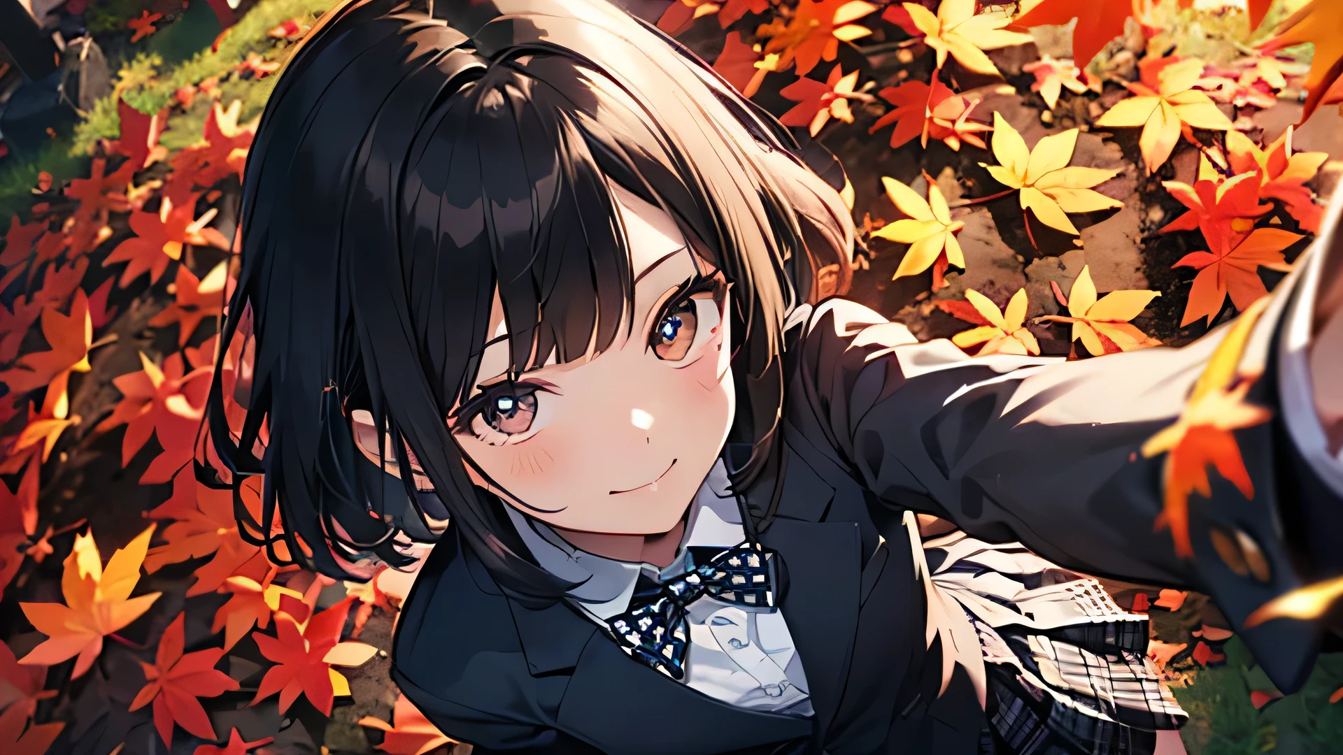 (Official Art、Highest quality、Unity 8k wallpaper、32K、masterpiece、Ultra-detailed、Ultra-high resolution、Realistic、Photorealistic:1.2)、(Cinema Lighting:1.2)、Fire Glow Effect、Film Grain、Best Shadow、Rim Light、Side light、(Highly detailed and intricate 3D rendering)、Sharp pupils、Realistic students、Cowboy Shot, Highly detailed background、Beautiful Face、Blurred Background、Beautiful girl、(Highly detailed skin、Detailed skin texture:1.3)、Close-up of a statue in a field of autumn leaves, covered with fallen leaves, Fallen red leaves on the ground, Autumn garden, Beautiful Autumn Spirits, covered with leaves, aomori japan, cute, in butn, autumn leaves, In the Japanese garden, in butn, during butn, but, Traditional Japanese colors, Japanese Nature、(From above、Lie:1.3)、(outside of home、Thighs Thighs Thighs Thighs)、blazer、shirt、Checkered bow tie、Checkered pleated mini skirt、15歳のBeautiful girl、Beautiful black hair、Blunt bangs、The eyes are brown、Embarrassing、A happy smile、