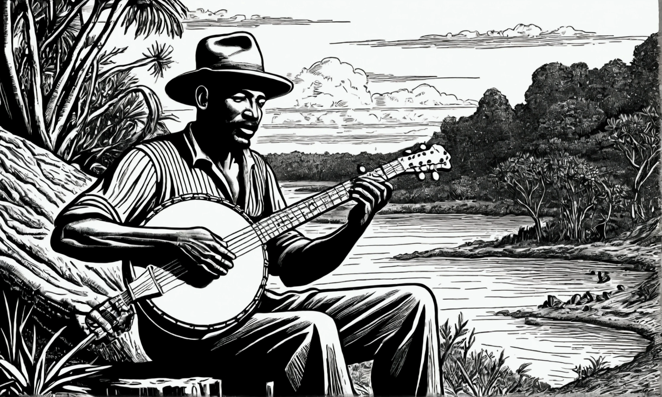 Black and white woodcut of a man playing banjo in the wilderness of Ceará, Rustic style, Hand-drawn, Cordell Literature