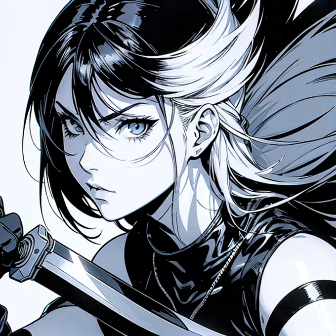 Cartoon close-up of a woman holding a knife, inspired Masamune Shirow, Masamune Shirowのスタイル, Yoji Shinkawa's art style, aerial viewyoji shinkawa, Full Color Manga Visual Style, Masamune Shirow, Comic Digital Art, Inspired by Yoji Shinkawa
