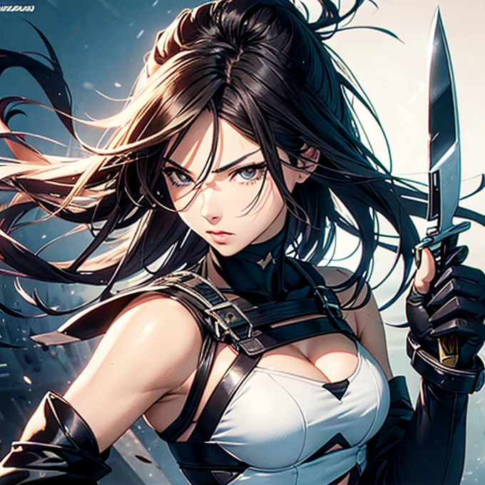 Cartoon close-up of a woman holding a knife, inspired Masamune Shirow, Masamune Shirowのスタイル, Yoji Shinkawa's art style, aerial viewyoji shinkawa, Full Color Manga Visual Style, Masamune Shirow, Comic Digital Art, Inspired by Yoji Shinkawa