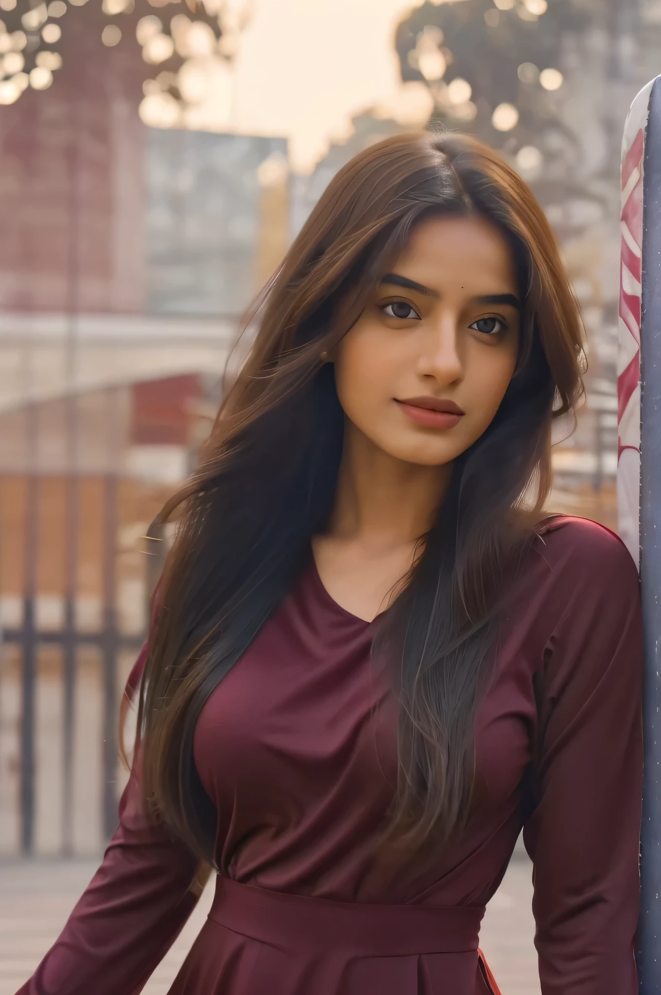 Portrait of A confident-looking indian girl with long flowing hair, hazel eyes, fair composition, hyperrealistic, super detailed, 8k, high quality, trending art, looking for a love and passion, westen dress, maroon dress, medium breasts, janter manter background, day light, sun