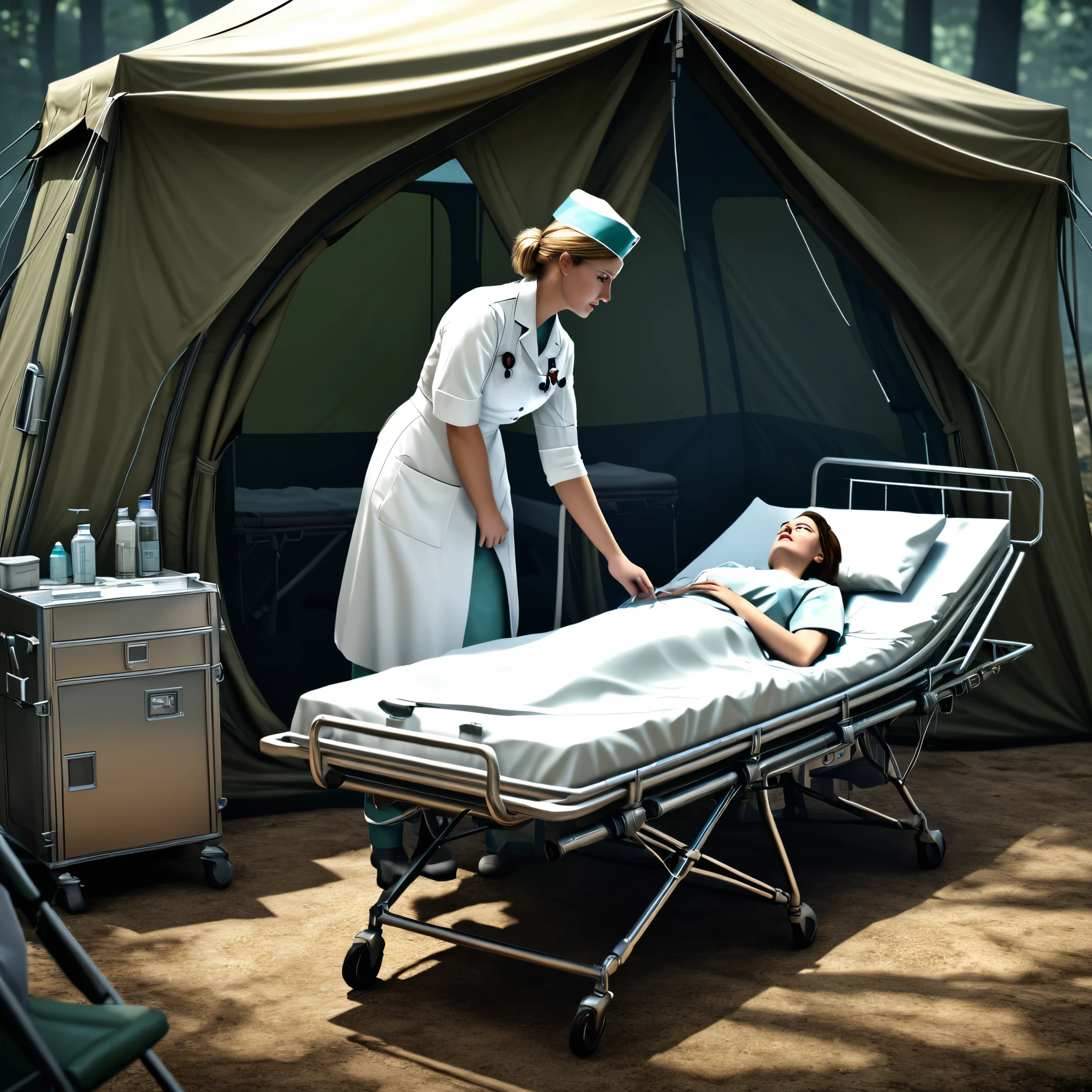 Battlefield nurse, simple tent, medical equipment, cots, highly detailed, intricate details, cinematic lighting, concept art,