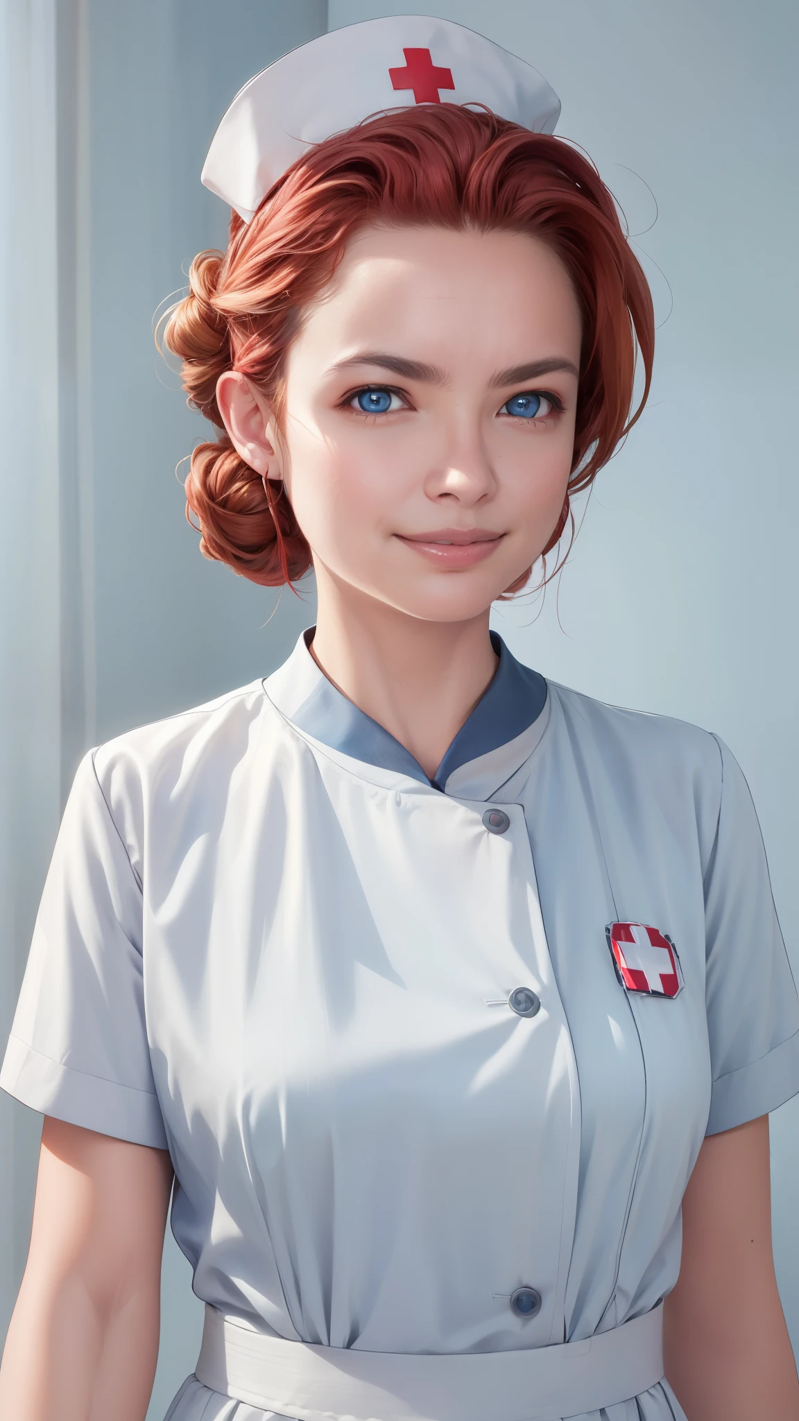 ((((masterpiece, best quality, high resolution)))), Extremely detailed 8K, Beautiful girl with voluptuous body, (Ultra HD, Ultra-detailed, Highly detailed, Highly realistic, Ultra-realistic, photograph realistic), (1girl:1.5), (Realistic red hair), A stunning portrait of a woman dressed as a nurse, exuding both elegance and professionalism. She wears a pristine white nurse uniform with a red cross on the cap, a gentle smile playing on her lips. Her long, auburn hair is styled in a classic updo, and her blue eyes sparkle with warmth and compassion. The background features soft, pastel colors and a subtle medical motif, creating a soothing and comforting atmosphere.