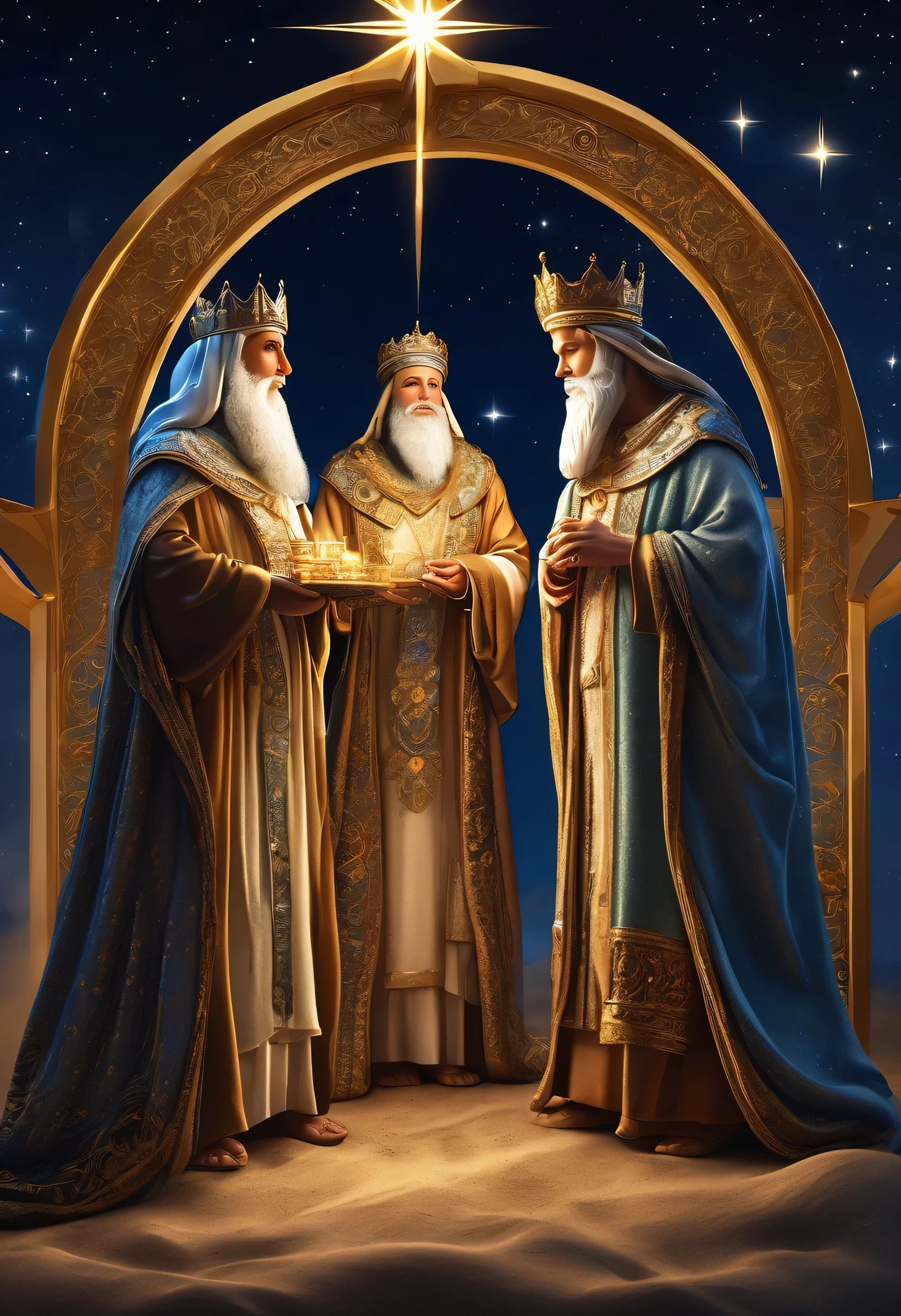 a highly detailed 3 wise men standing before the manger of jesus,extremely detailed 3 wise men with beautiful robes and crowns,extremely detailed nativity scene,detailed religious iconography,intricate ornate architecture,glowing warm light,glowing stars in the night sky,ornate golden details,rich colors,dramatic lighting,photorealistic,award winning digital art