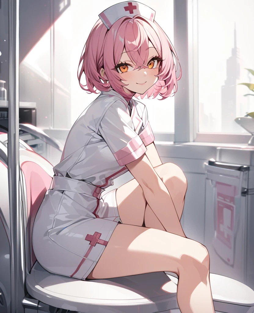 One Woman、Pink Hair、Hairstyle、Shortcuts、Orange eyes、Slanted Eyes、Wink、whole body、Sitting、View Viewer、nurse、Pink Hair, short hair, Crossed bangs, white、tsurime, Orange eyes, smile、From the side, Ultra-high resolution, Very detailed