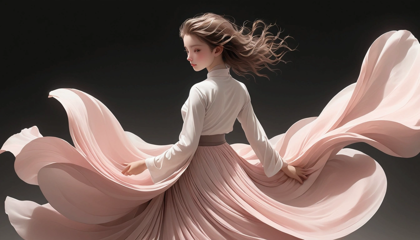 1 Girl,Pink petal skirt,The hem of the long skirt is like smoke，Full background,Petal pattern,Long hair in the wind,advanced sense,Fashion, Still photography, Loop video, Fascinating movement, captivating visuals, Seamless integration, Compelling storytelling, Vortex phenomenon, Angled form, Dynamic Movement, Bold Geometric Shapes, Fragment shape, sharp contrast, Influence of modernism, nature, , modern Art, Astonishing, Unreal Background, Art from (Alessio Albi:1.1), Soft lighting, happy emotion,(close up, Face Focus), (Fractal Art) Extremely detailed,The most beautiful form of chaos, elegant；A ，Solitary；A dancing little girlball，confidence，High and cold，happy]；[Long skirt elegant style，Long sleeve；Set，Light pink and white gradient，Traditional style，Smudged skirt hem，The whole screen is full of skirts，Skirt smudge background，Ink feeling，Sense of atmosphere，The skirt has no pattern]；[Chinese dance]，[[[Full body panorama 1.5]]]，front；The figure is submerged in the fabric of the skirt，Full screen fabric；Composition：The character is on the right side of the screen； Simple style；Minimalism。Panoramic photography；Depth of Field, Extraordinary details, masterpiece, high quality, 4K，cinematic lighting, motion blur, depth of field, sparkle, ray tracing, reflection light, anatomically correct, uhd, textured skin, best quality, super detail, highres, high details, accurate, high quality, award winning