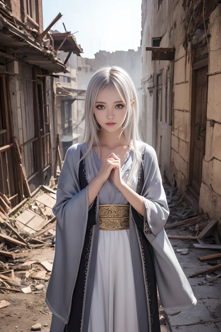 A fantastical worldview、A beautiful and cute female wizard wearing an intricately designed robe.、Travel through the ruins of an ancient city infested with monsters.、beautiful silver eyes、Beautiful and transparent silver hair、Ultra-high resolution faces and eyes、Correct human body diagram、Stylish winter outfits、Realistic texture、Very beautiful digital anime style illustration、
