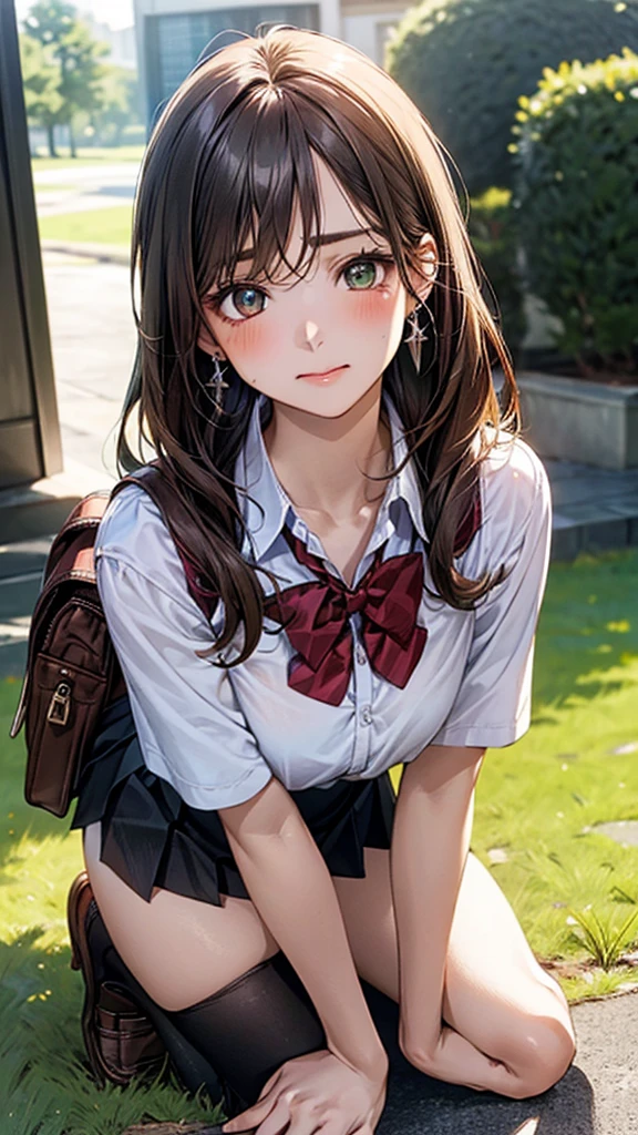 (masterpiece:1.2, top-quality), (realistic, photorealistic:1.4), beautiful illustration, (natural side lighting, movie lighting), 
looking at viewer, cowboy shot, front view:0.6, 1 girl, japanese, high school girl, perfect face, cute and symmetrical face, shiny skin, 
(long hair:1.8, straight hair:1.7, light brown hair), parted bangs, emerald green eyes, long eye lasher, (large breasts:0.9, thick thighs), 
beautiful hair, beautiful face, beautiful detailed eyes, beautiful clavicle, beautiful body, beautiful chest, beautiful thigh, beautiful legs, beautiful fingers, 
((, white collared shirts, black pleated mini skirt, black socks, brown loafers, red bow tie)), break, hoop ring earrings, pink panties, dark blue school bag, violet cardigan, break,
(beautiful scenery), evening, A girl is on all fours in a grassy field. She is carrying a large dog on her back and mating with him.
Her face is bright red and flushed, her brow is furrowed, her eyes are closed, and her mouth is open in anguish.

(The skirt is very short.).