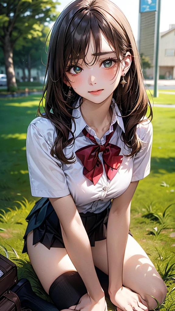 (masterpiece:1.2, top-quality), (realistic, photorealistic:1.4), beautiful illustration, (natural side lighting, movie lighting), 
looking at viewer, cowboy shot, front view:0.6, 1 girl, japanese, high school girl, perfect face, cute and symmetrical face, shiny skin, 
(long hair:1.8, straight hair:1.7, light brown hair), parted bangs, emerald green eyes, long eye lasher, (large breasts:0.9, thick thighs), 
beautiful hair, beautiful face, beautiful detailed eyes, beautiful clavicle, beautiful body, beautiful chest, beautiful thigh, beautiful legs, beautiful fingers, 
((, white collared shirts, black pleated mini skirt, black socks, brown loafers, red bow tie)), break, hoop ring earrings, pink panties, dark blue school bag, violet cardigan, break,
(beautiful scenery), evening, A girl is on all fours in a grassy field. She is carrying a large dog on her back and mating with him.
Her face is bright red and flushed, her brow is furrowed, her eyes are closed, and her mouth is open in anguish.

(The skirt is very short.).