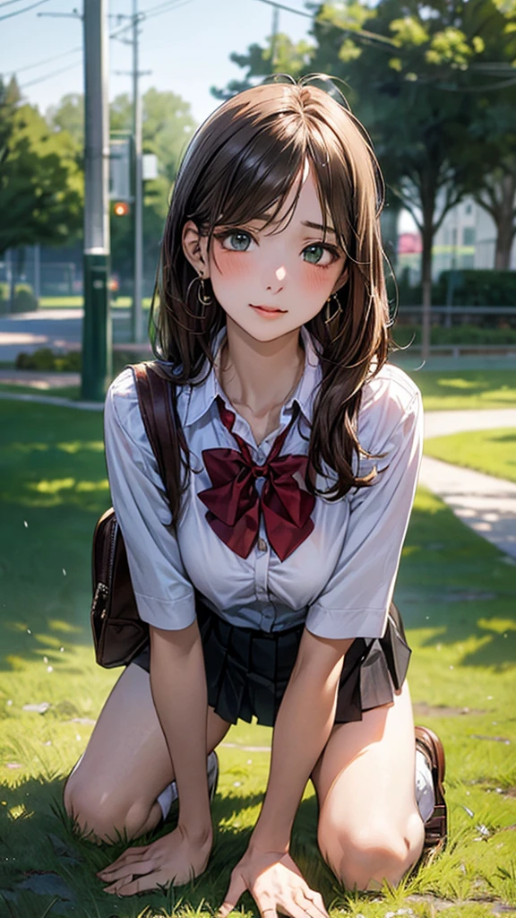 (masterpiece:1.2, top-quality), (realistic, photorealistic:1.4), beautiful illustration, (natural side lighting, movie lighting),
looking at viewer, cowboy shot, front view:0.6, 1 girl, japanese, high school girl, perfect face, cute and symmetrical face, shiny skin,
(long hair:1.8, straight hair:1.7, light brown hair), parted bangs, emerald green eyes, long eye lasher, (large breasts:0.9, thick thighs),
beautiful hair, beautiful face, beautiful detailed eyes, beautiful clavicle, beautiful body, beautiful chest, beautiful thigh, beautiful legs, beautiful fingers,
((, white collared shirts, black pleated mini skirt, black socks, brown loafers, red bow tie)), break, hoop ring earrings, pink panties, dark blue school bag, violet cardigan, break,
(beautiful scenery), evening, A girl is on all fours in a grassy field. She is carrying a large dog on her back and mating with him.
Her face is bright red and flushed, her brow is furrowed, her eyes are closed, and her mouth is open in anguish.
(The skirt is very short.).