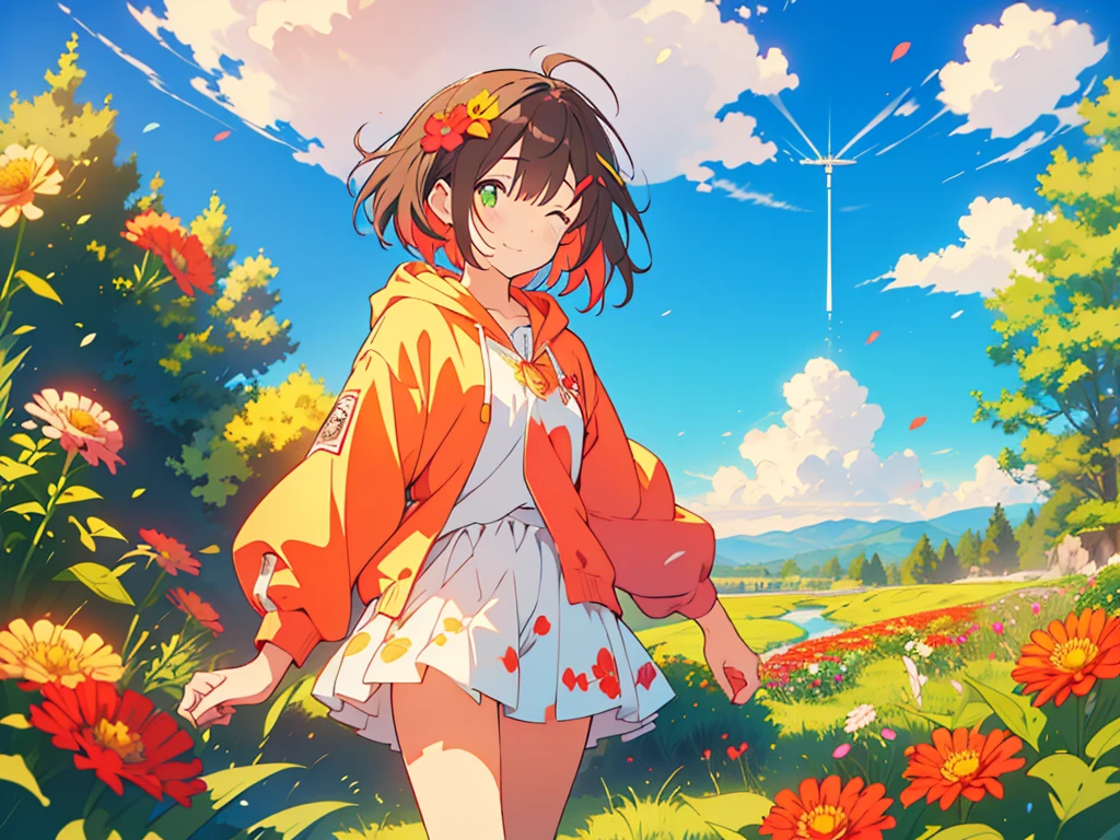 kawaii, anime, Cute, hyper quality, highly detailed, 8k, Clarity, Draw facial expressions in detail, A girl with long dark brown hair winks, Zinnia, colorful zinnia flower field, highlight on eyes, Moe sleeves, smile, clear sky, The wind passes through, Flowers waving in the wind, Colorful zinnia petals dance in the sky, wave one hand, Sit with one leg extended and your knees raised, A pile of books on my back, reading in the meadow, red zinnia, yellow zinnia, white zinnia, pink zinnia, wearing a short-sleeved hoodie, skirt, Books scattered around, sit, The expression is a wink, A cluster of colorful zinnias grows, The flowers are wet with morning dew and shine, A bird flaps its wings in the sky, Thank you for waving, The color of the open eyes is green, upward glance, wave one's hands, wave hands, Zinnia bookmark, Pressed zinnia flower bookmark, holding a book, green eyes, clouds running, parabola in the sky, shortcake hairpin, close one eye, Draw only one person,