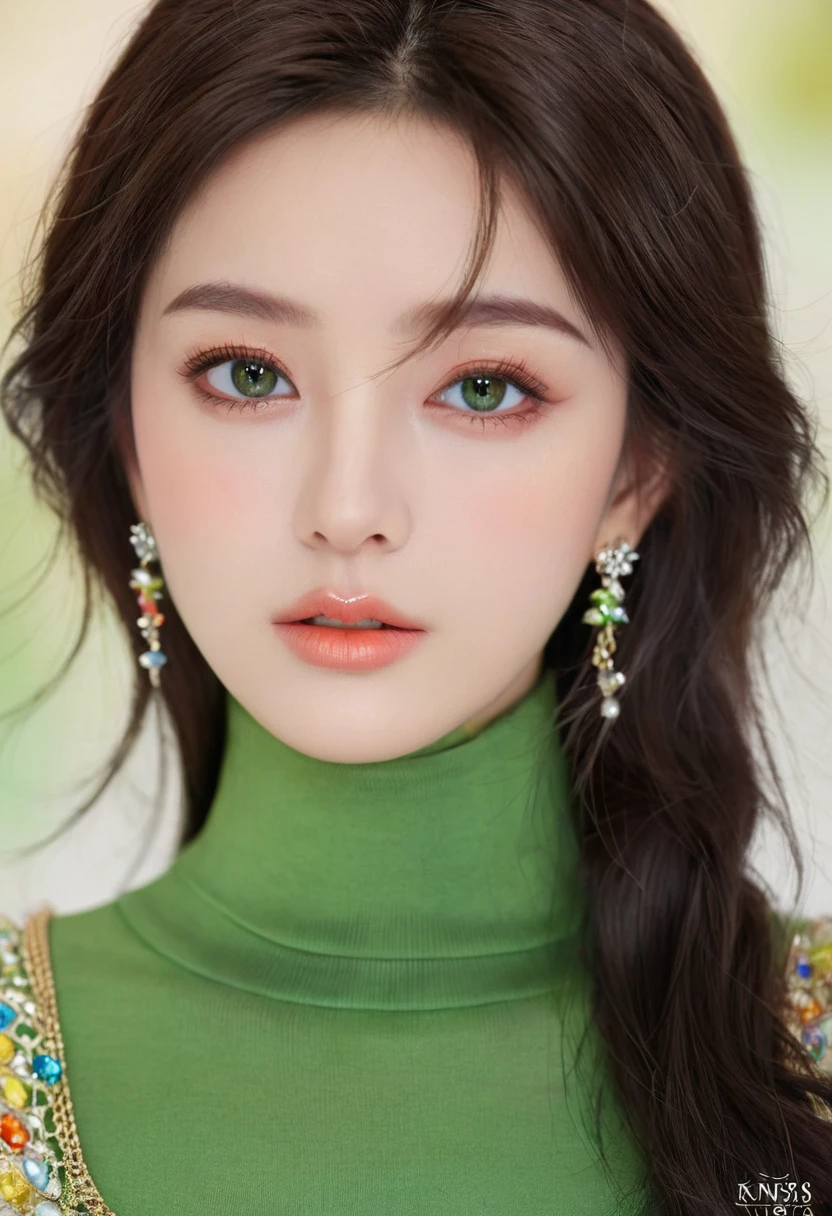 1 person, Green top, Dark brown hair, Multicolored Glass, Brilliant colors, masterpiece, best quality, Delicate eyes, Delicate lips, Detailed clothes, (black eyes: 1.2), very realistic face,Princess Cut