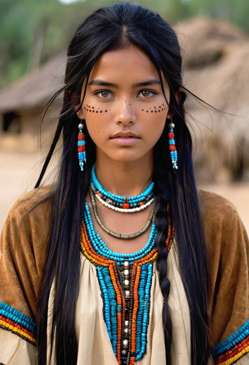 I want you to create a delicate and beautiful character. She is a 30-year-old young woman with characteristics typical of the Apache people. Her long, straight black hair frames a face with the tanned skin common among her people. Her light blue eyes contrast with her skin color, creating a piercing and expressive look. She wears traditional clothing from her tribe, made from animal skin, and her face is covered in dirt.