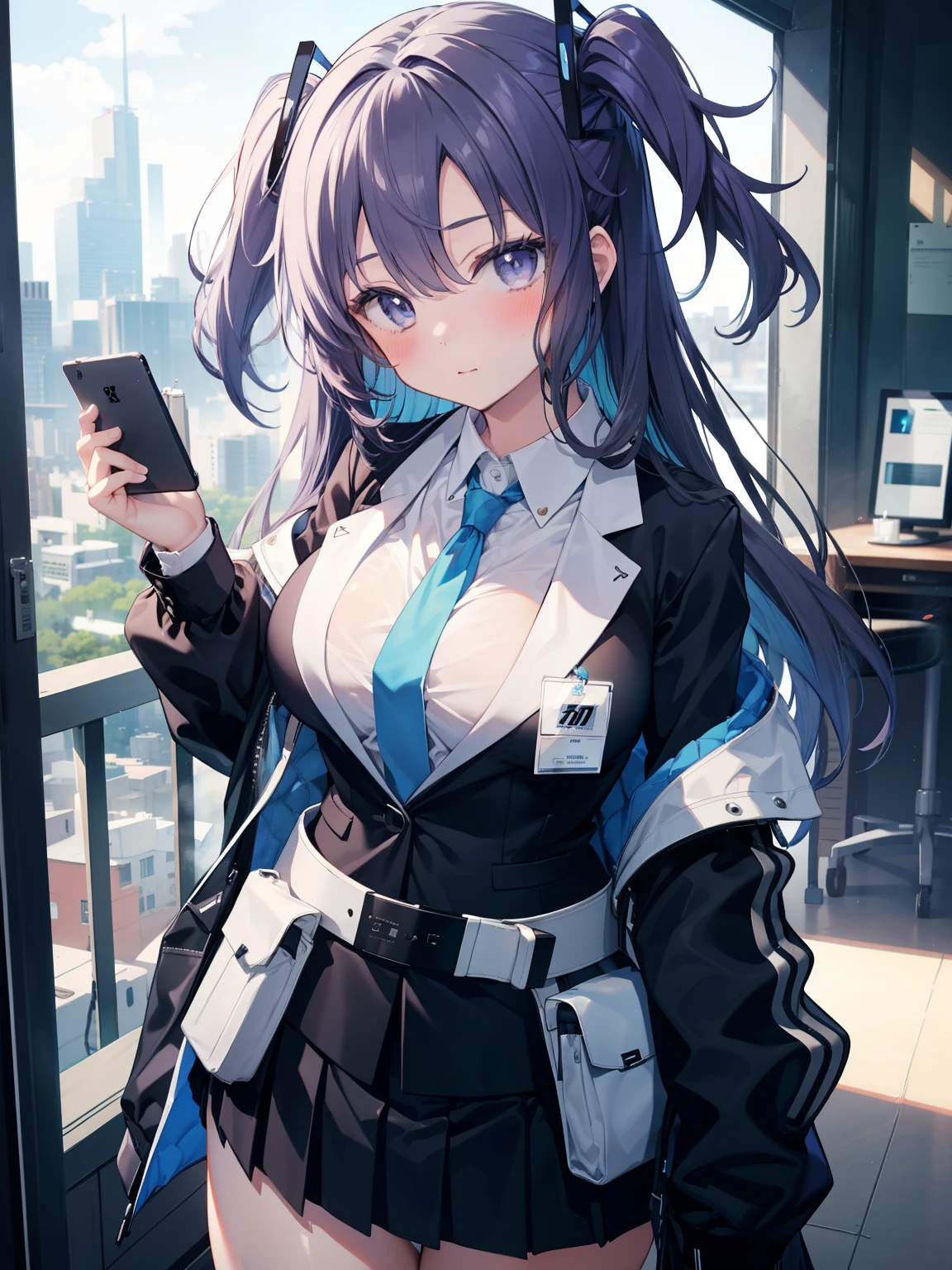 ((Highest quality, High resolution,  Perfect Pixel,  4K)),  (Beautiful Anime Girls), Depth of written boundary、
Watching the audience, 
Perfect body, 

belt Pouch, black handbag, black Jacket, black skirt, blue tie, 
Default, hair ornaments, ID card, Jacket, Long sleeve, miniskirt, multicolored Jacket, tie, pleated skirt, 
Pouch, shirt, skirt, White Belt, white Jacket, white shirt, Yuuka  

(Big Breasts:1.3)、

(blush:1.1)、