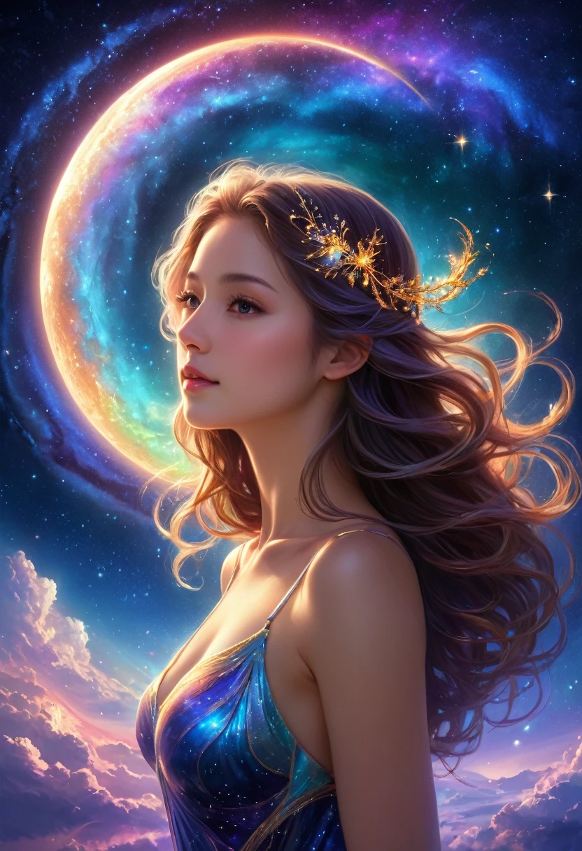 (Highest quality,4K,8k,High resolution,masterpiece:1.2),Very detailed,(Realistic,photoRealistic,photo-Realistic:1.37),Night Sky, Spiritual cosmic beings (Translucent woman:1.5), beautiful, Long Hair, Fantasy, dream-like, Astronomical Diagram, 息を呑むほどbeautiful星空, Mysterious Galaxy, Sparkling constellations, Vivid nebulae, Swirling colors, Shining Moon, Shining Northern Lights, Fascinating Stardust, Otherworldly atmosphere, Heavenly brilliance, Infinite Expansion, Heavenly Beauty, Transcendent Existence, Seductive energy, celestial harmony, Heavenly Silence, Space Serenade, An ethereal whisper, Fascinating space dance, The Graciousness of God, Heavenly brilliance, space magic,