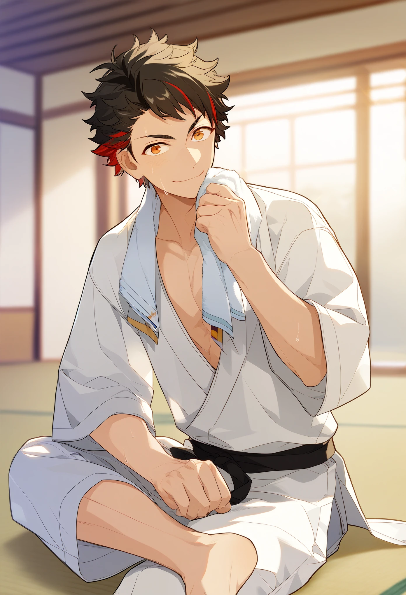 1boy, male focus, 
nagumo tetora, ensemble stars!, 
((zPDXL)), score_9_up, score_8_up, score_7_up, score_6_up, score_5_up, score_4_up, best quality, amazing quality, best aesthetic, absurdres, year2023, sfw, game cg, 
 tetora nagumo, multicolored hair, black hair, yellow eyes eyes, dojo, tatami, karate gi, black belt, crossed legs, sitting, smile, sweats, towel, wiping sweat, looking at viewer,