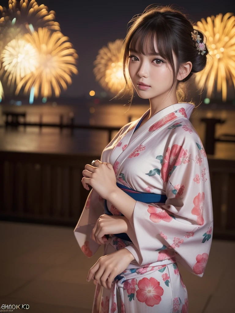 (photorealistic:1.4), ((Best quality, 8k, Masterpiece :1.3)), raw photo, 1girl, Pretty girl, (yukata), she came to see the fireworks display, (random hairstyles), Ultra-detailed face, (full body:1.3), wide angle, dynamic angle, cinematic angle, Detailed eyes, (natural hand), ((Natural eyes and mouth))