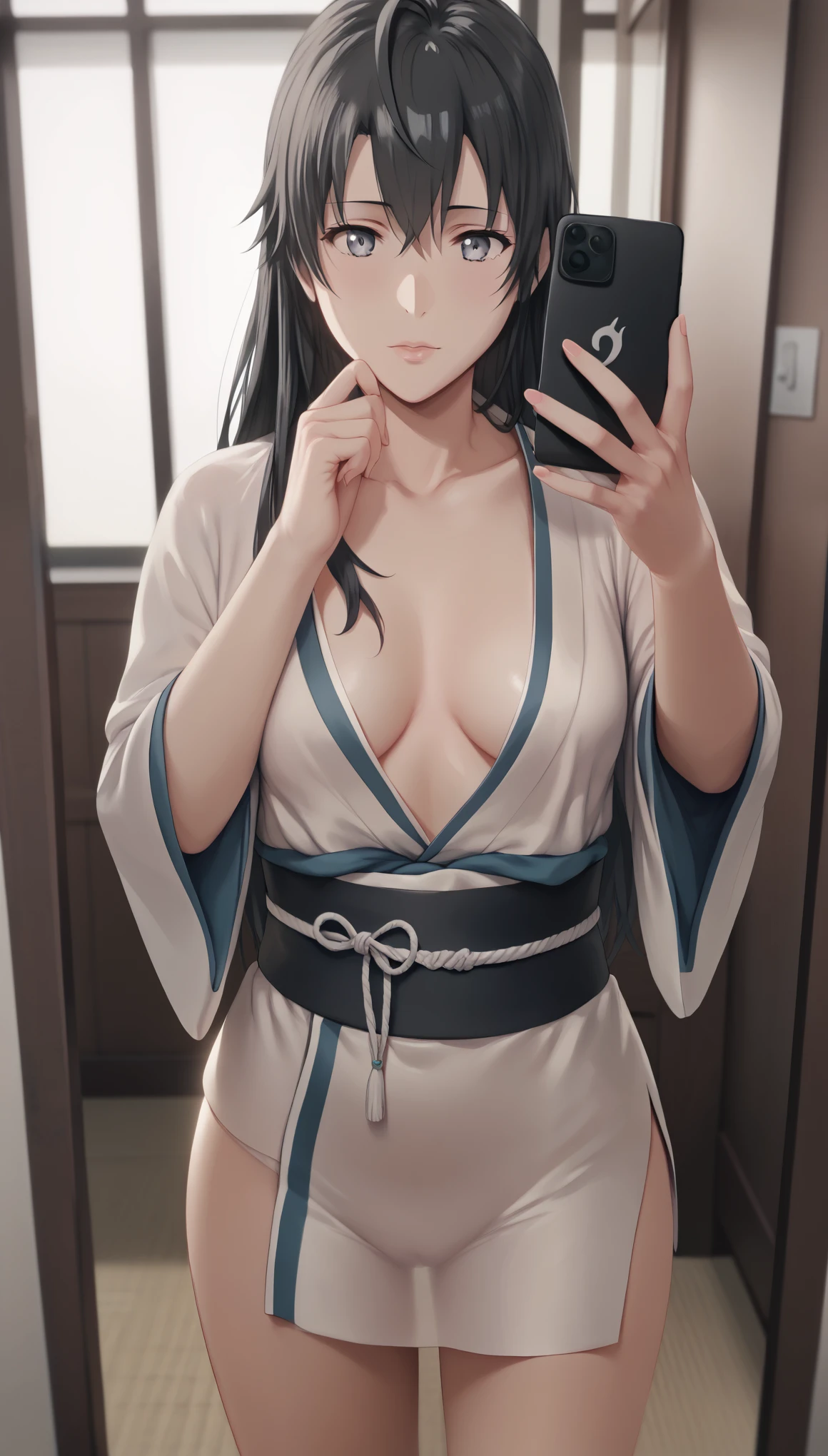 (hews art style:0.8), score_9, score_8_up, score_7_up, score_6_up, uncensored, yukinoshita yukino, black hair, long hair, grey eyes, BREAK (masterpiece:1.2), best quality, high resolution, (detailed eyes:1.3), perfect lighting, (perfect hands, perfect anatomy), small breasts, 1girl, phone, weapon, solo, sword, cellphone, breasts, holding_phone, holding, katana, smartphone, sheath, japanese_clothes, cleavage, selfie, holding_weapon, holding_sword, grey_background