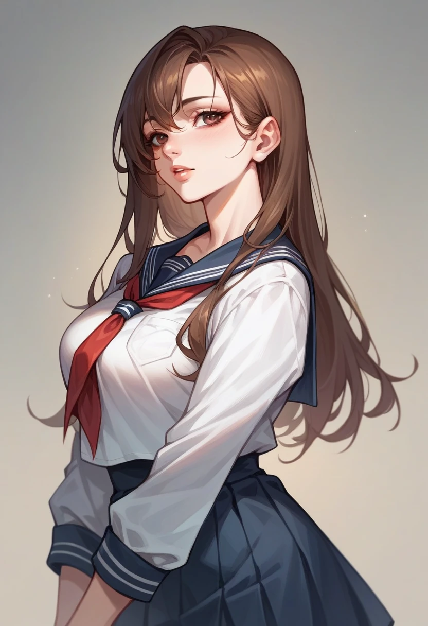 in manhwa style a adolescent japanese woman 17s. Her hair is long and black color. Her face is solitude, Her skin is clear, and her lips are red. Brown  color eyes are captivating and beautiful. She is wearing school japanese uniform blue 
