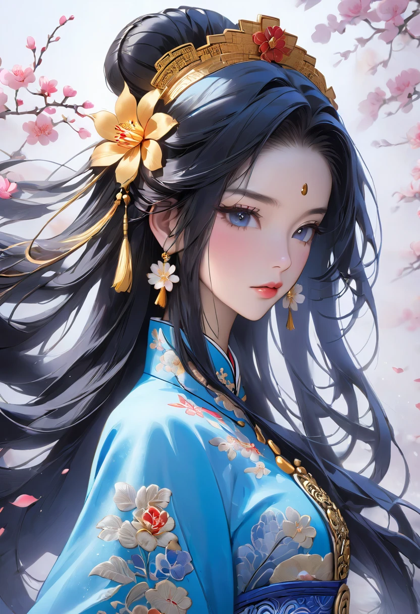 A close-up of a beautiful woman with long, straight black hair wearing a blue Chinese dress. The dress has gorgeous, intricate embroidery and gold trim. A flower hairpin on her head. A masterpiece. Beautiful, flawless makeup.