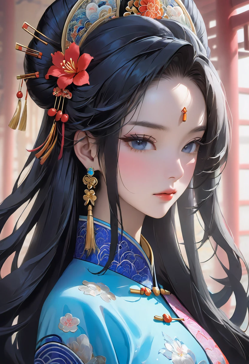 A close-up of a beautiful woman with long, straight black hair wearing a blue Chinese dress. The dress has gorgeous, intricate embroidery and gold trim. A flower hairpin on her head. A masterpiece. Beautiful, flawless makeup.