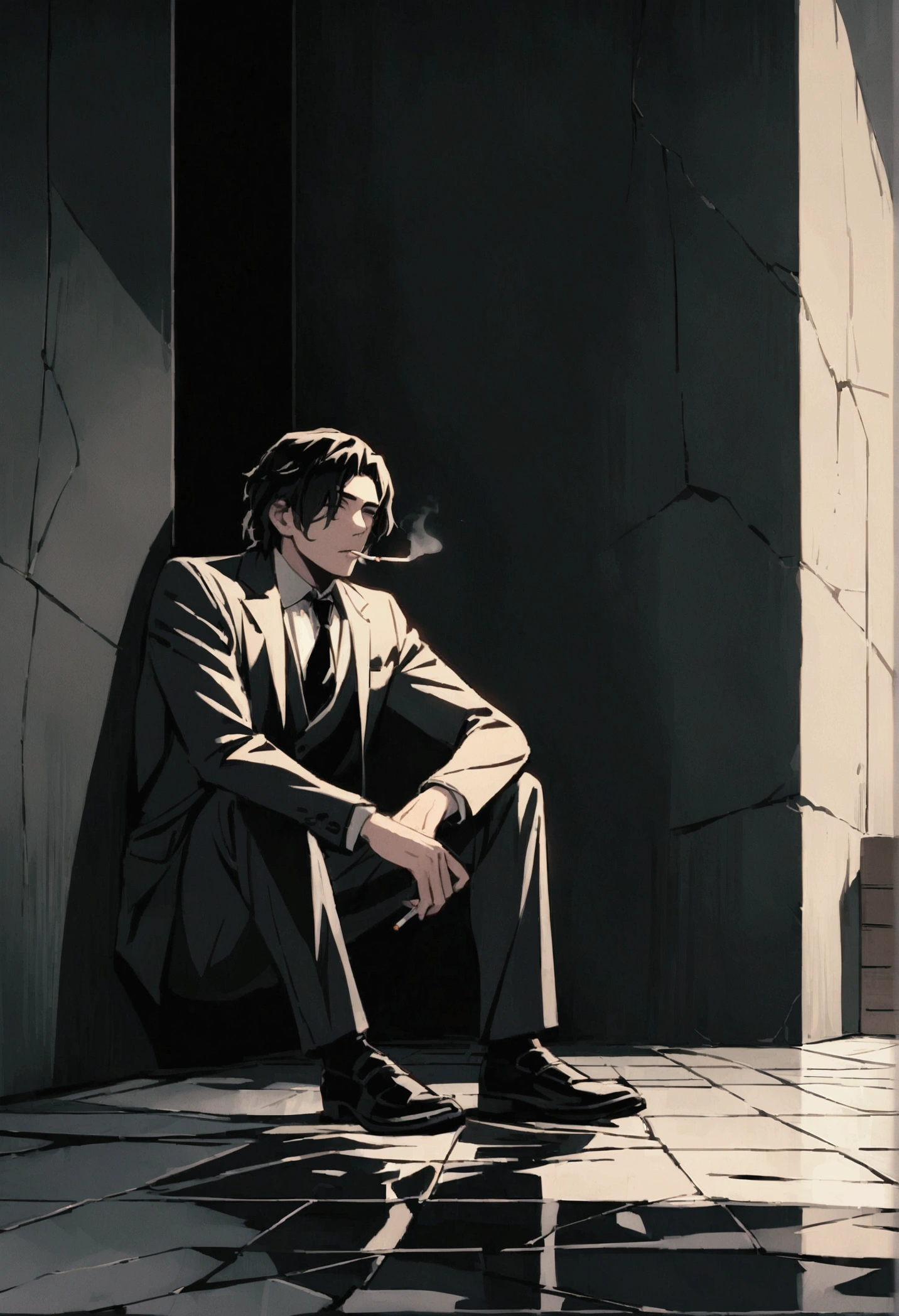 Constantine, man sitting on the floor, smoking a cigarette, dressed in a suit, black tie, broken glass on the floor, leaning against a wall, dark and gloomy scene