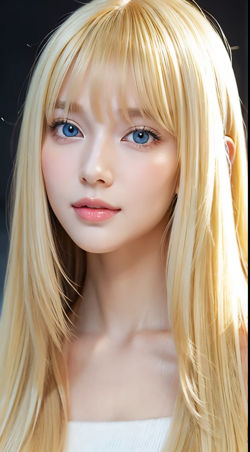 Beautiful glowing white skin、Blonde hair changes color depending on how the light hits it...、Long golden bangs obstruct the view、Cheek gloss highlighter、Gloss Face、Sexy and very beautiful, Nice, cute, Gorgeous face、The most beautiful face in the world、The most beautiful super long blonde hair in the world、Shiny and smooth long straight hair、Glowing pale light blue eyes, Big eyes、lighting equipment、Beautiful pony、Beautiful 20 year old Swedish girl、Young characteristics、Small Face Beauty、Round face