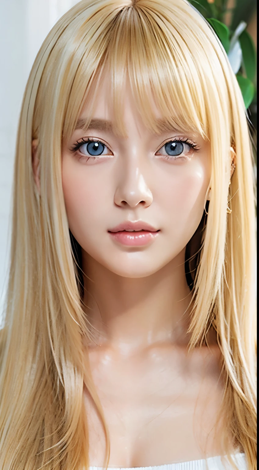 Beautiful glowing white skin、Blonde hair changes color depending on how the light hits it...、Long golden bangs obstruct the view、Cheek gloss highlighter、Gloss Face、Sexy and very beautiful, Nice, cute, Gorgeous face、The most beautiful face in the world、The most beautiful super long blonde hair in the world、Shiny and smooth long straight hair、Glowing pale light blue eyes, Big eyes、lighting equipment、Beautiful pony、Beautiful 20 year old Swedish girl、Young characteristics、Small Face Beauty、Round face